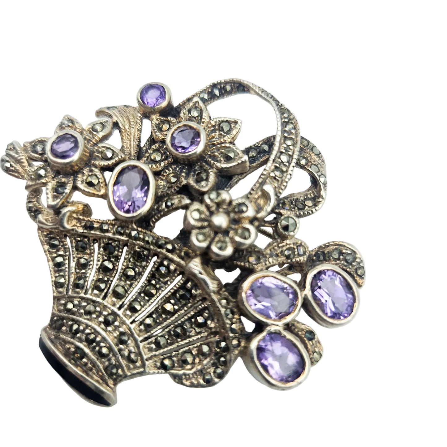 Sterling Silver Amethyst & Marcasite Basket Brooch - brooch detail