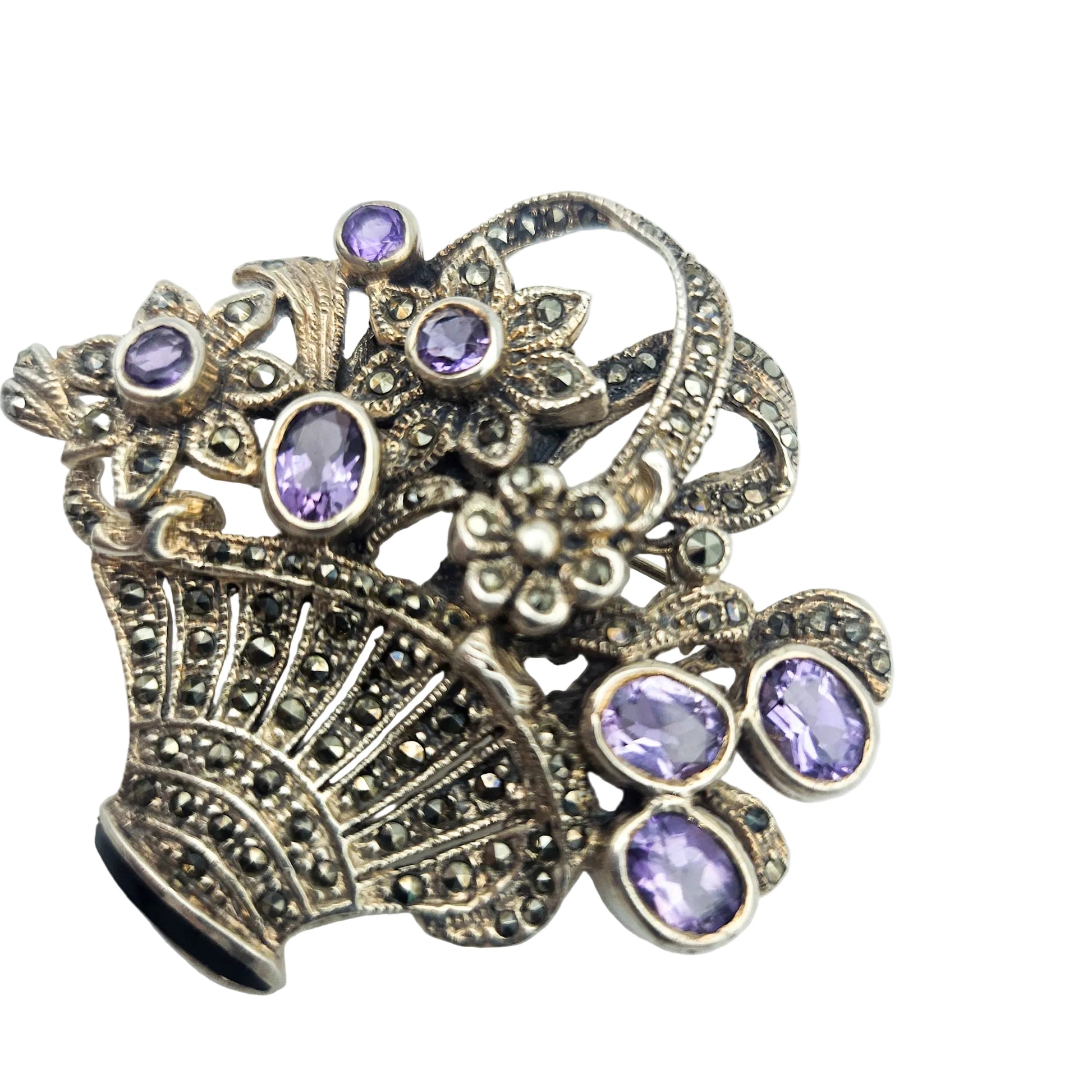 Sterling Silver Amethyst & Marcasite Basket Brooch - brooch detail