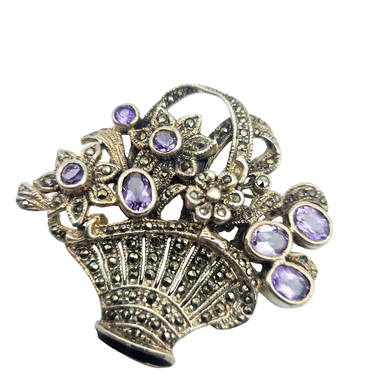 Sterling Silver Amethyst & Marcasite Basket Brooch - brooch detail