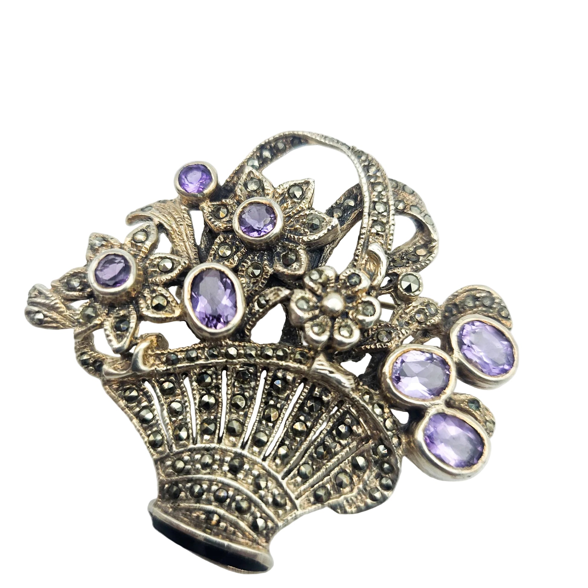 Sterling Silver Amethyst & Marcasite Basket Brooch - brooch detail
