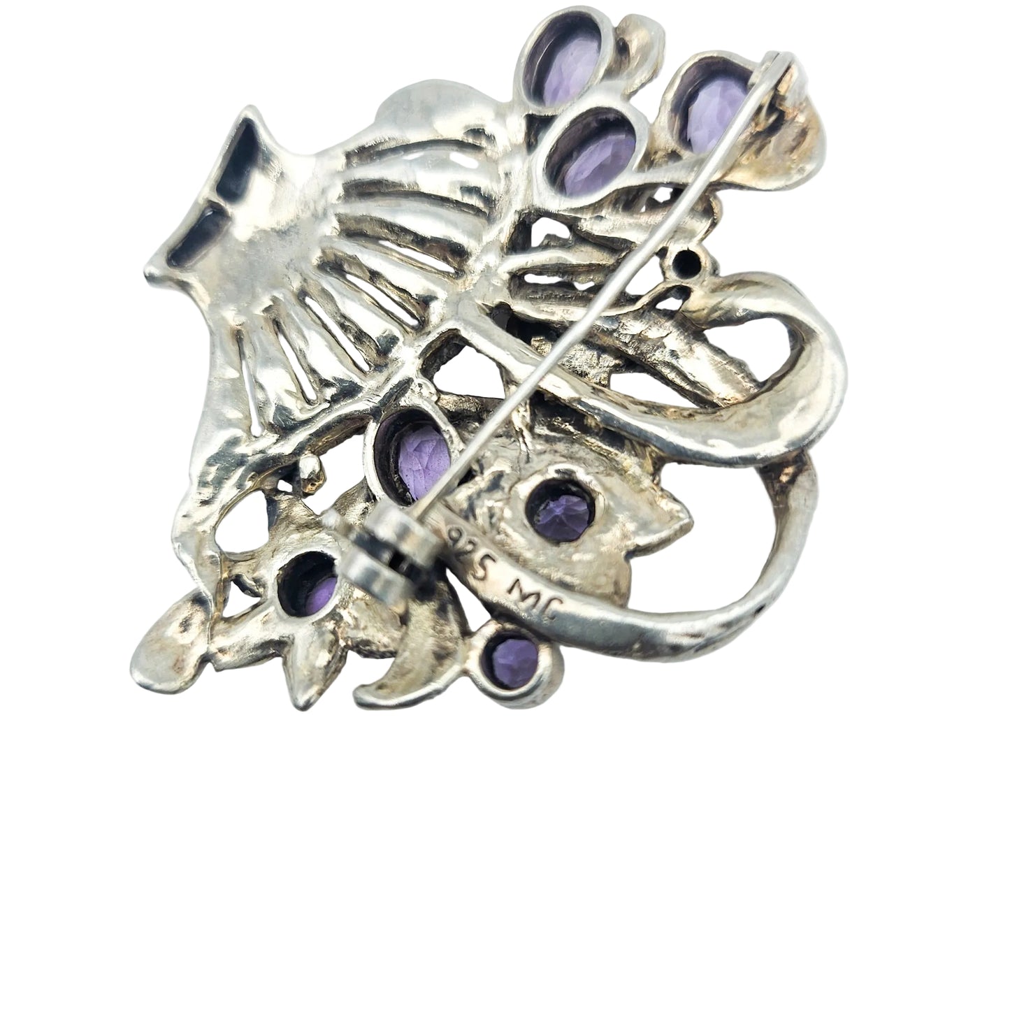 Sterling Silver Amethyst & Marcasite Basket Brooch - brooch detail