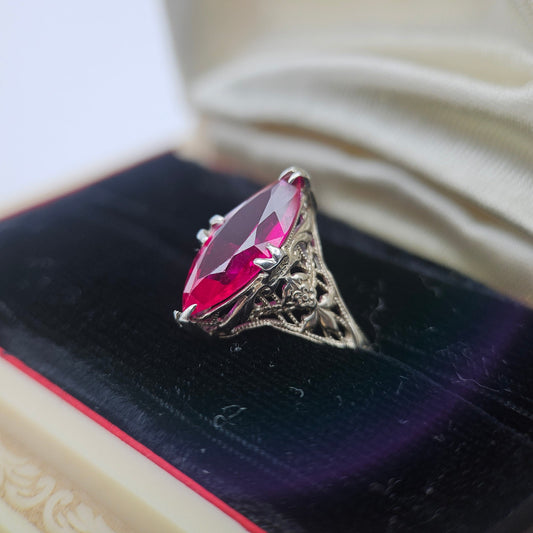 14k White Gold Synthetic Ruby Filigree Ring | Art Deco Estate Jewelry