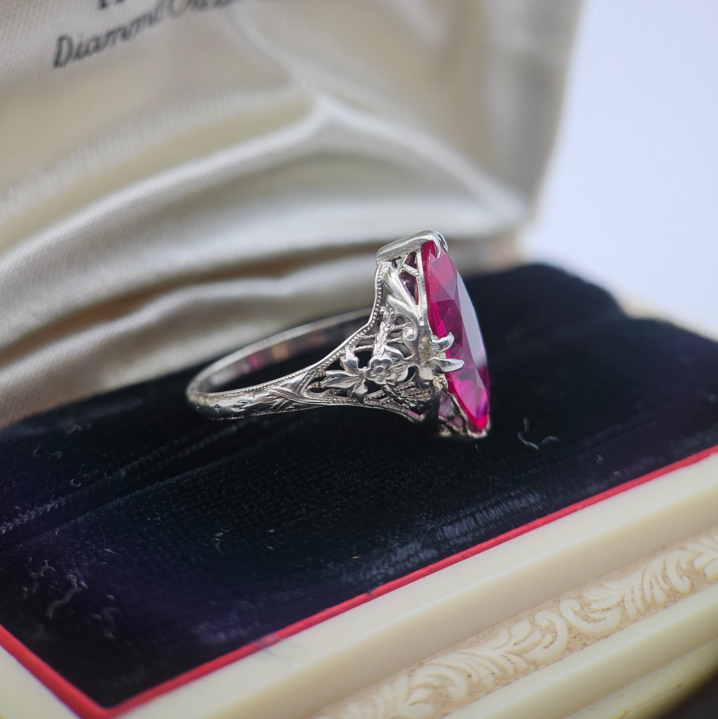 14k White Gold Synthetic Ruby Filigree Ring | Art Deco Estate Jewelry