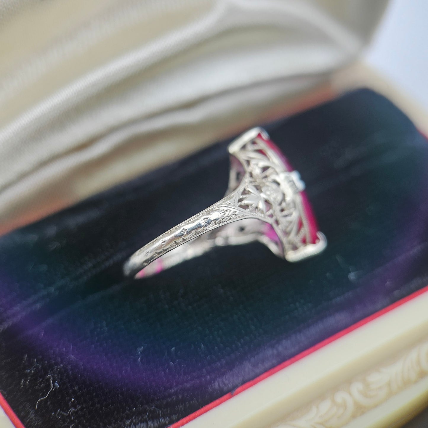14k White Gold Synthetic Ruby Filigree Ring | Art Deco Estate Jewelry