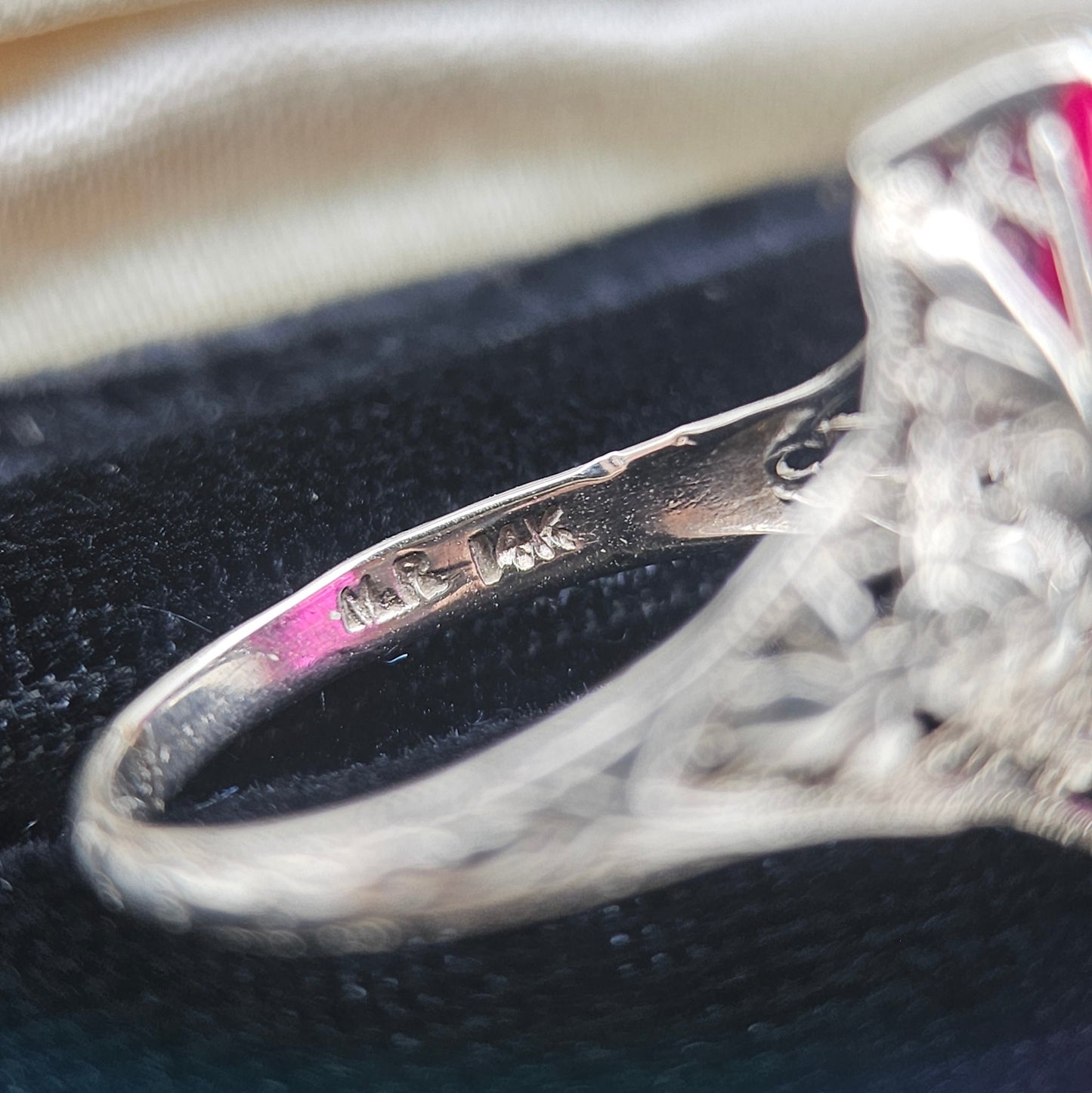 14k White Gold Synthetic Ruby Filigree Ring | Art Deco Estate Jewelry