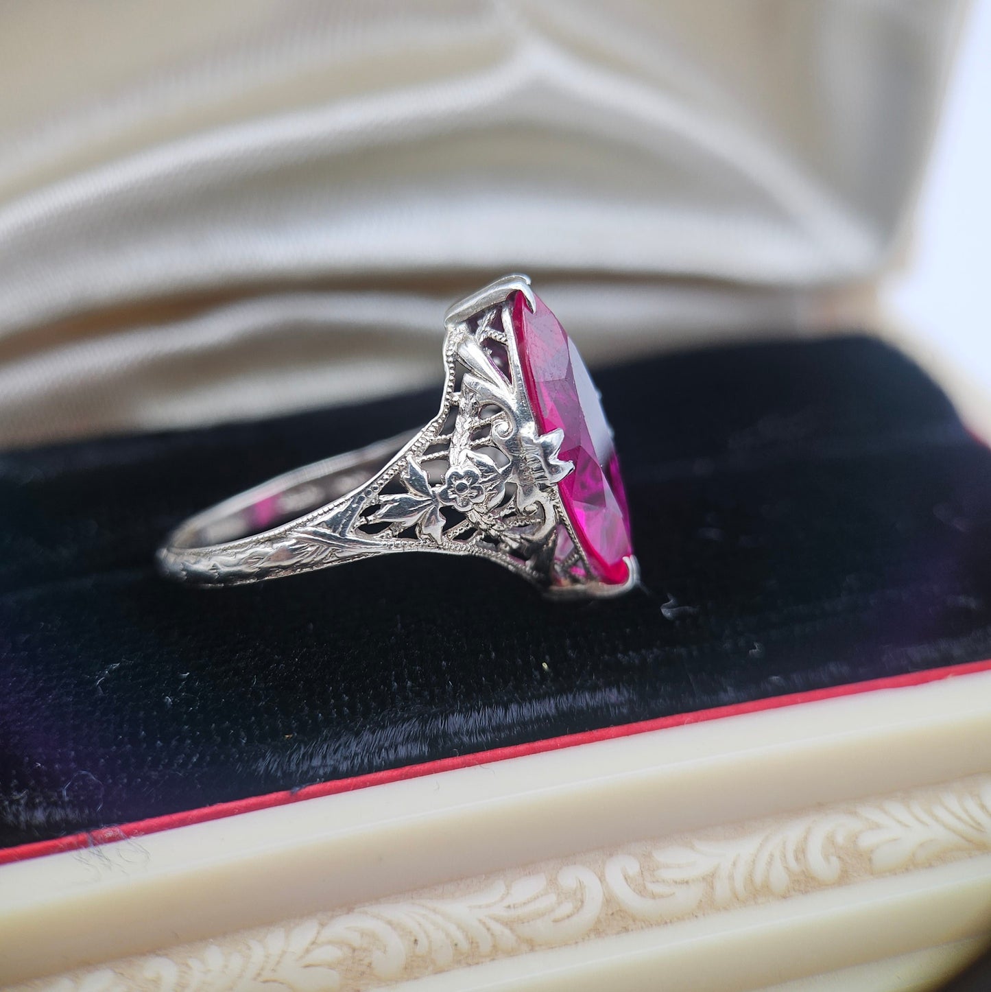14k White Gold Synthetic Ruby Filigree Ring | Art Deco Estate Jewelry