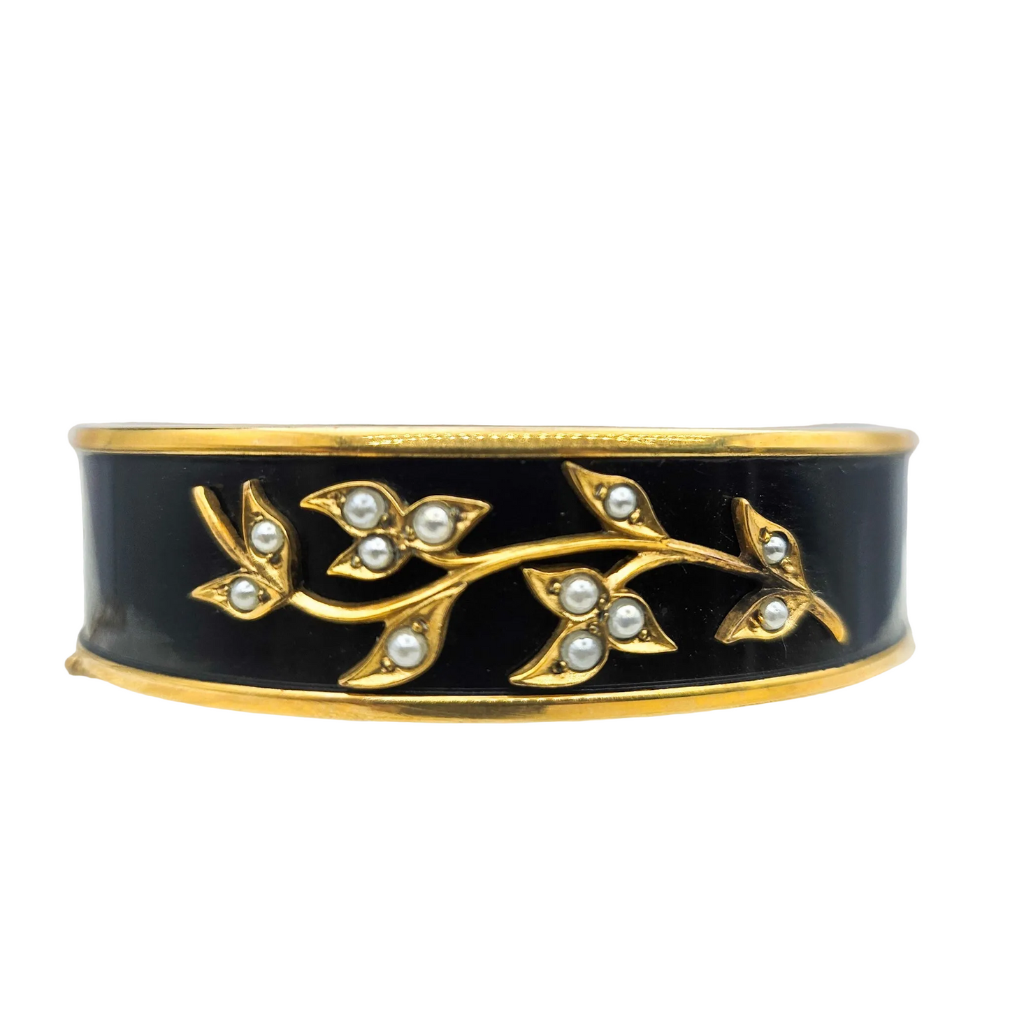 1930s Binder Brothers Rolled Gold Bracelet | Black Enamel & Seed Pearl Jewelry
