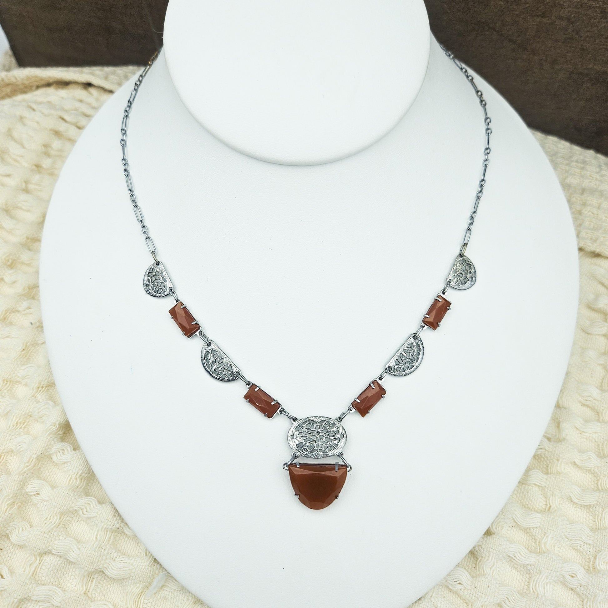 Art Deco-Style Carnelian Glass Filigree Necklace | Vintage Pendant Jewelry