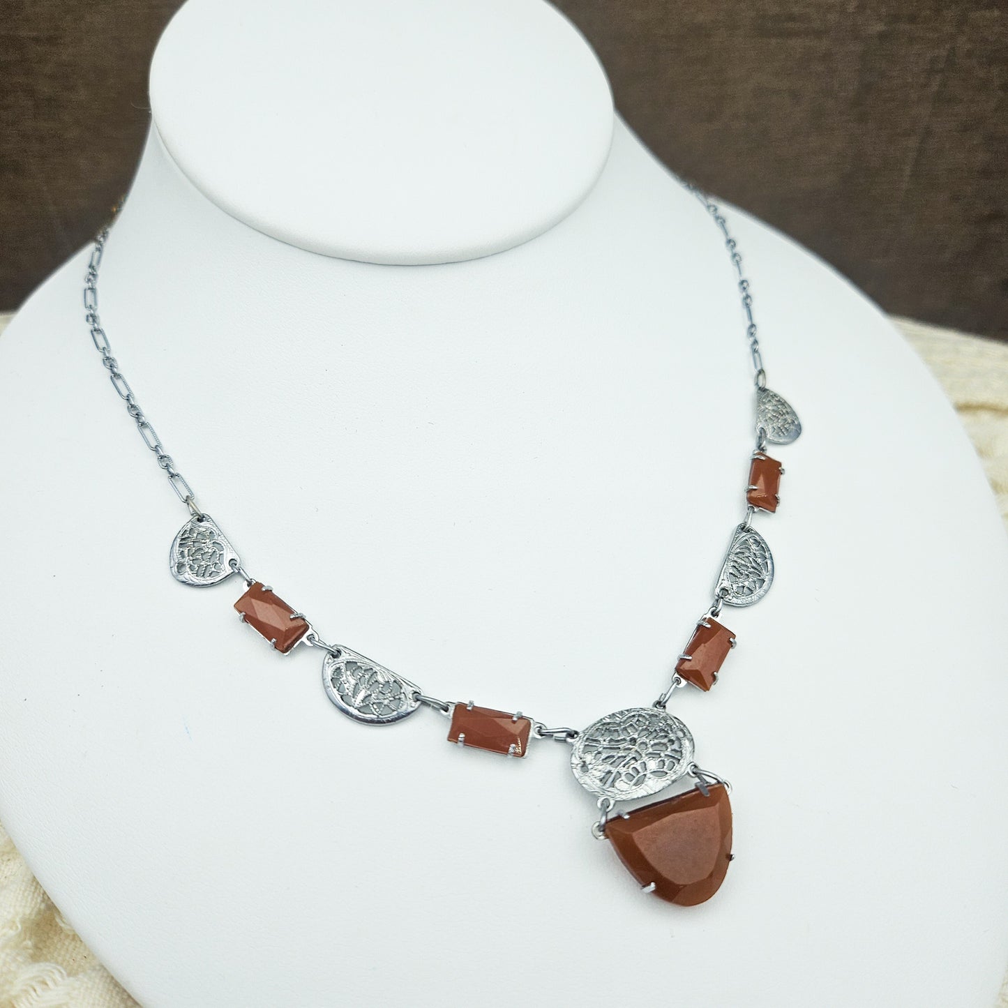 Art Deco-Style Carnelian Glass Filigree Necklace | Vintage Pendant Jewelry