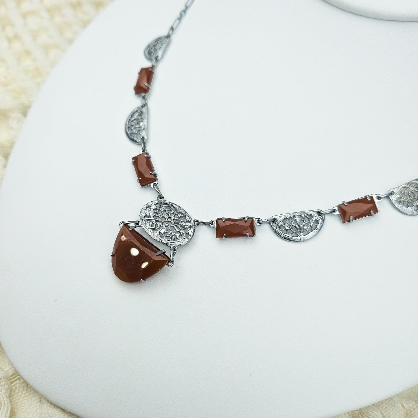 Art Deco-Style Carnelian Glass Filigree Necklace | Vintage Pendant Jewelry