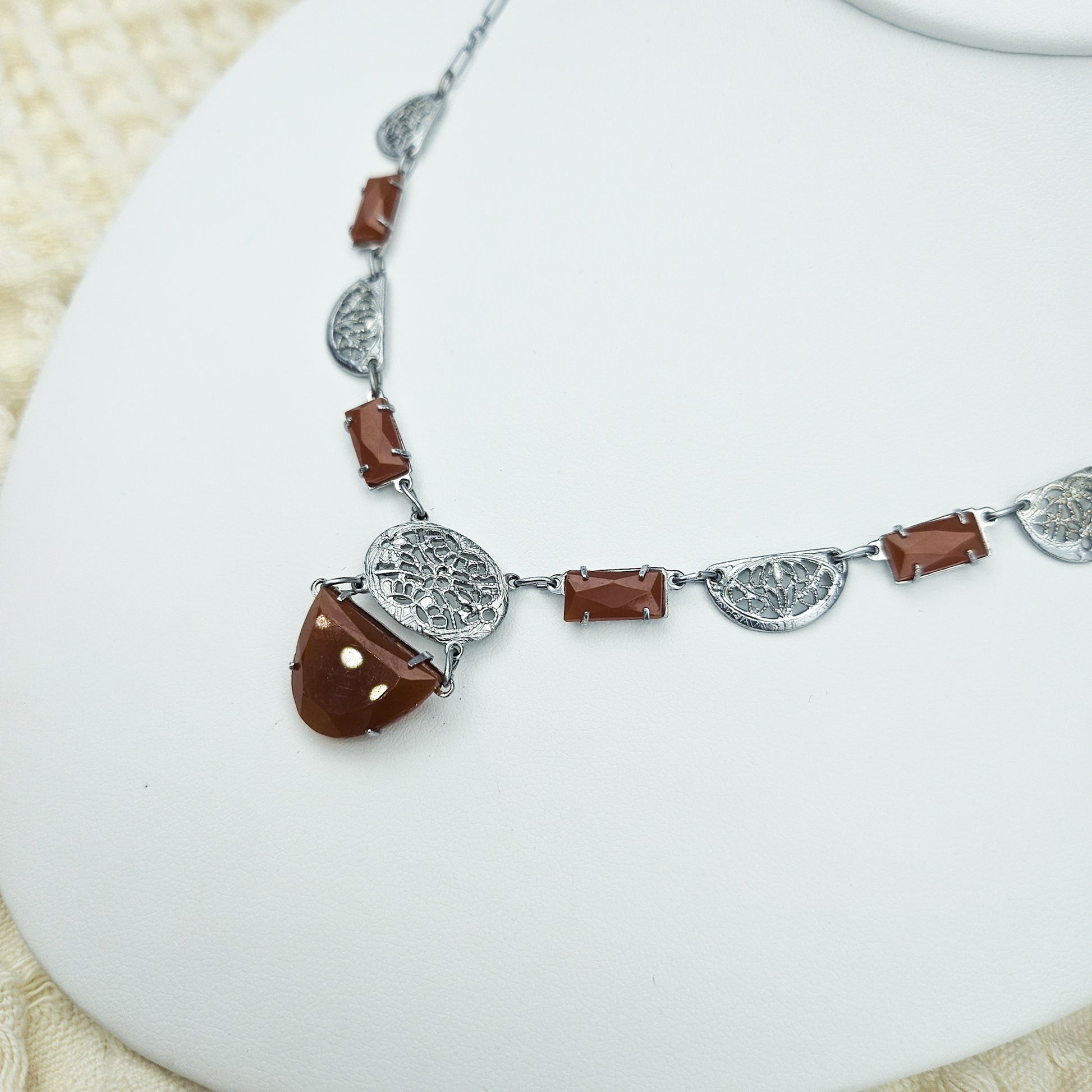 Art Deco-Style Carnelian Glass Filigree Necklace | Vintage Pendant Jewelry