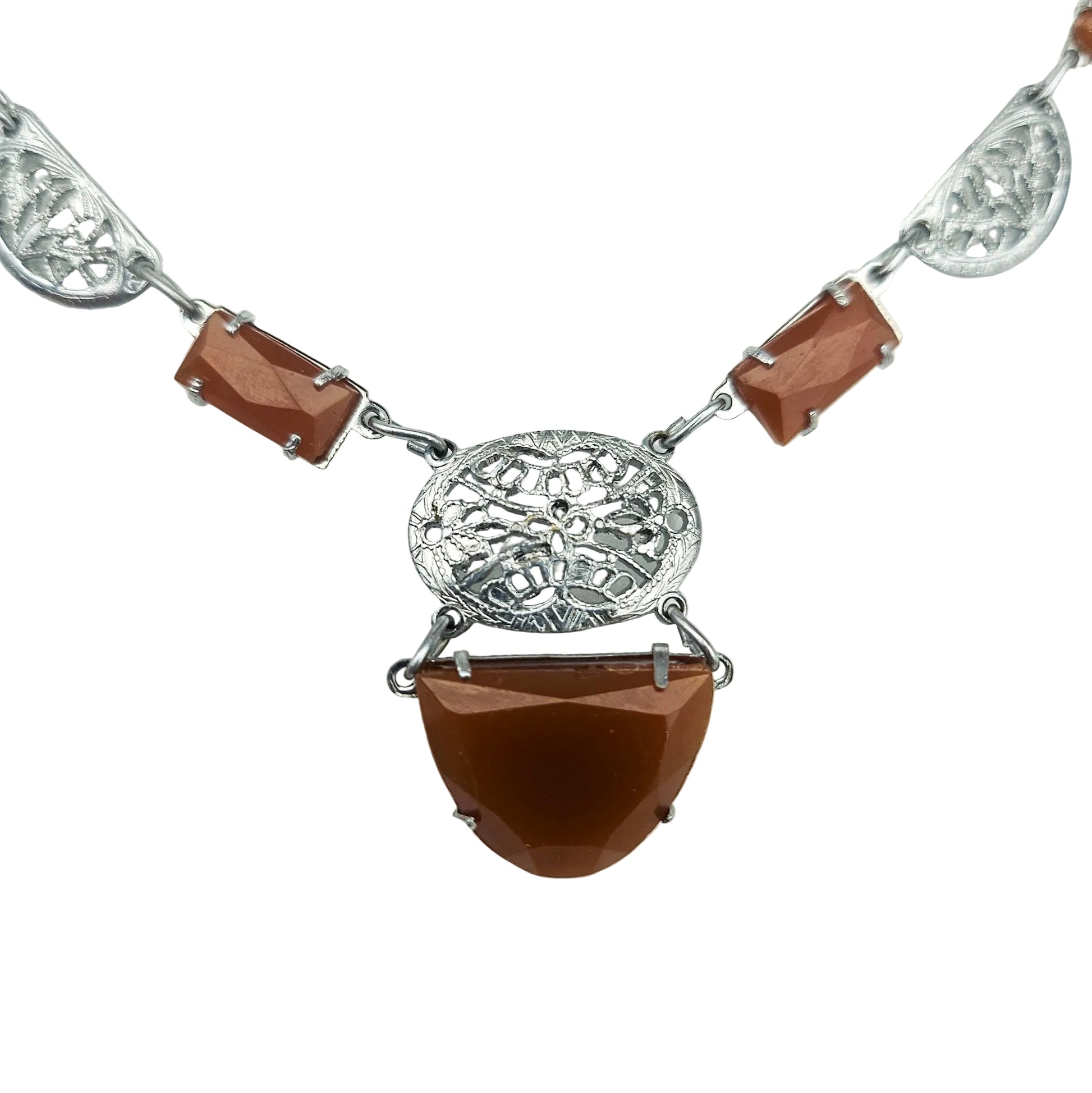 Art Deco-Style Carnelian Glass Filigree Necklace | Vintage Pendant Jewelry