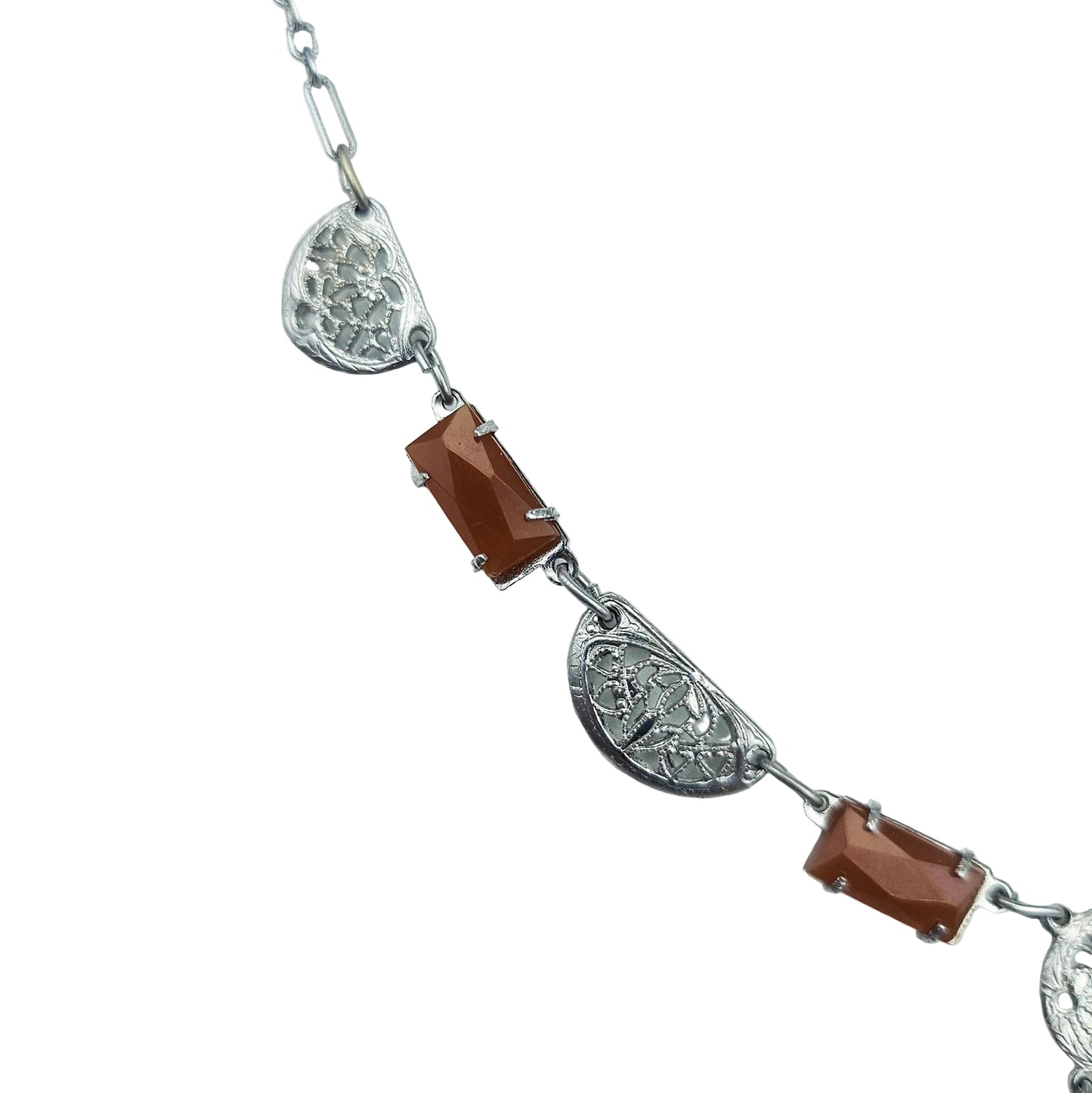 Art Deco-Style Carnelian Glass Filigree Necklace | Vintage Pendant Jewelry