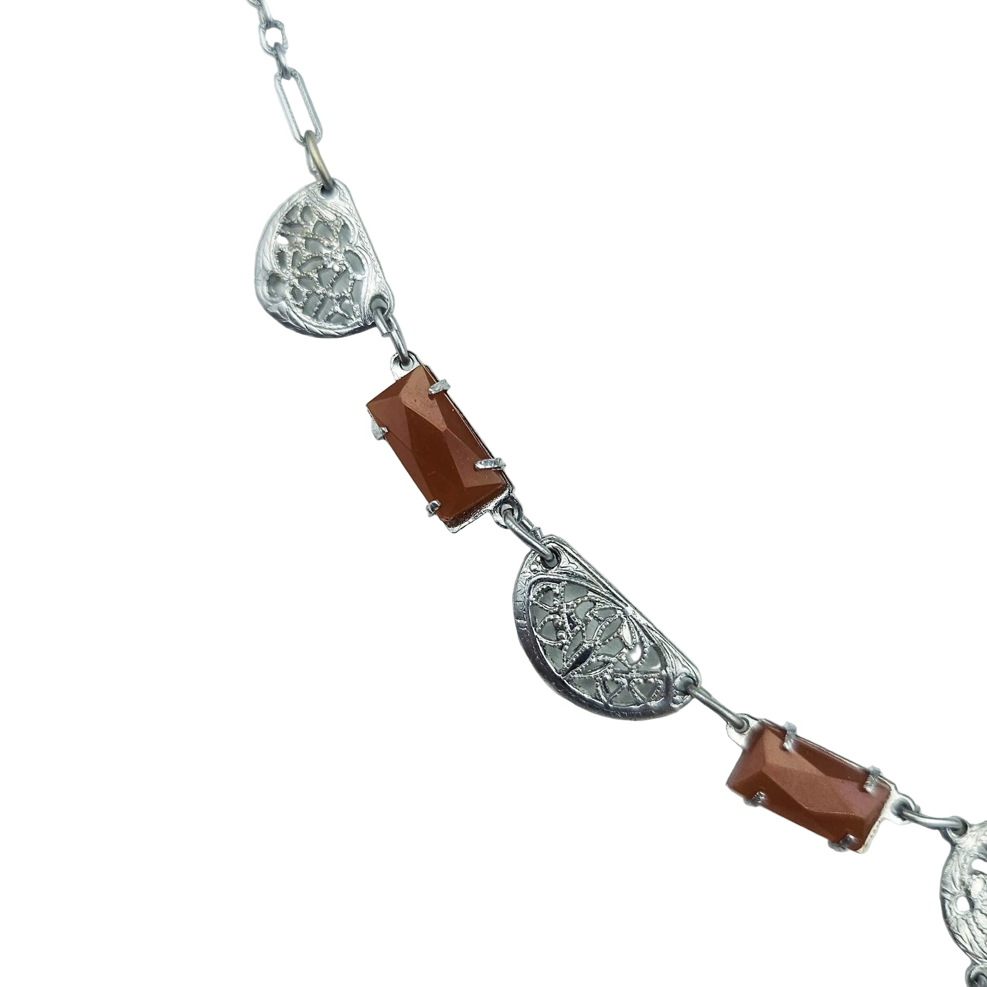 Art Deco-Style Carnelian Glass Filigree Necklace | Vintage Pendant Jewelry