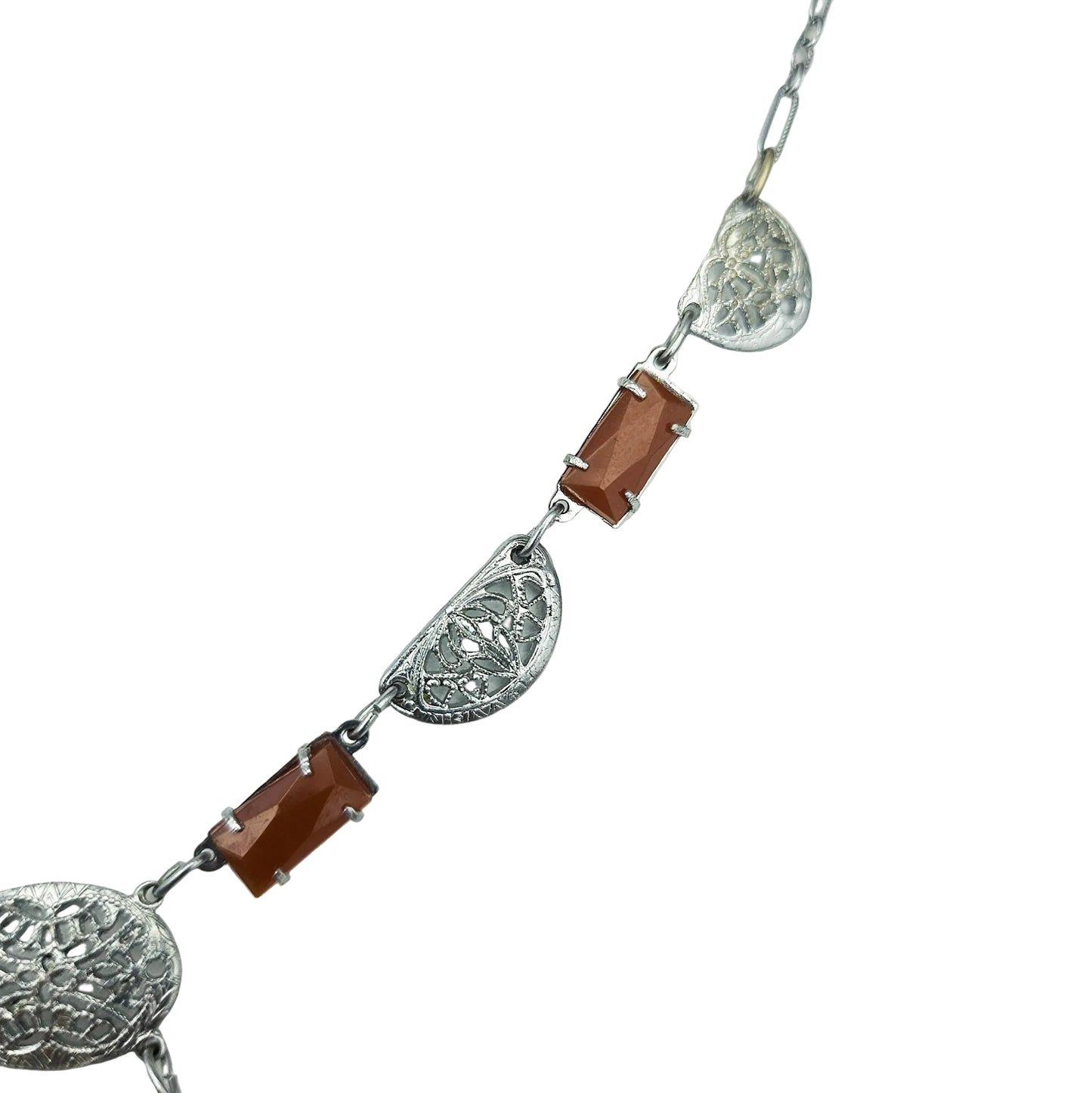 Art Deco-Style Carnelian Glass Filigree Necklace | Vintage Pendant Jewelry