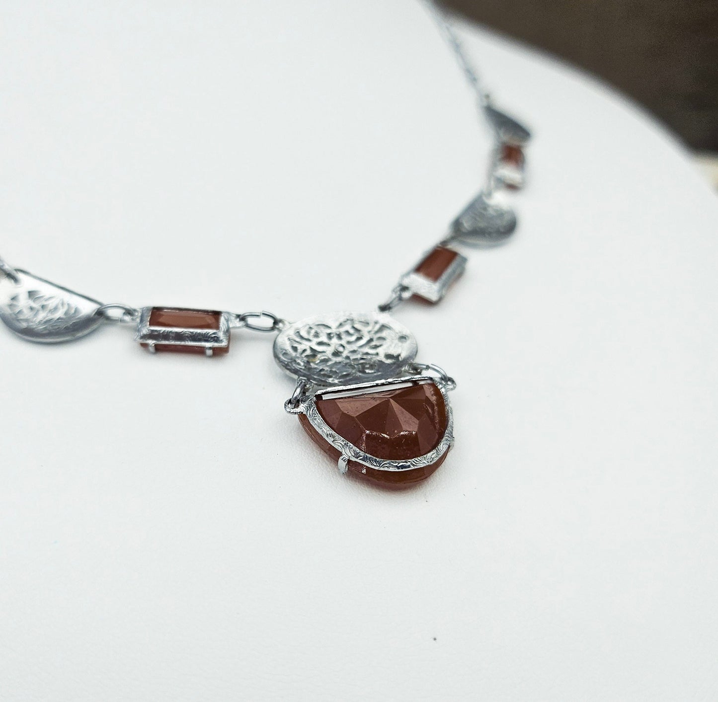 Art Deco-Style Carnelian Glass Filigree Necklace | Vintage Pendant Jewelry