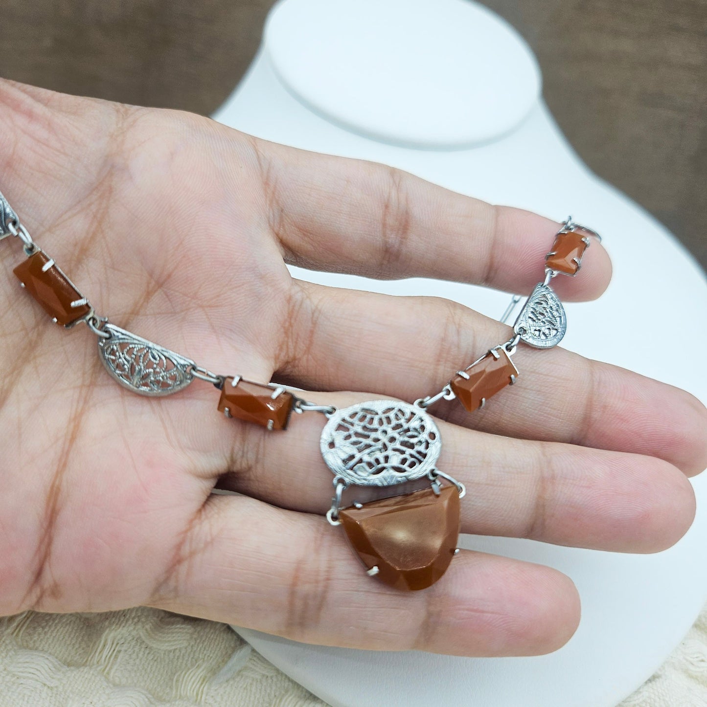 Art Deco-Style Carnelian Glass Filigree Necklace | Vintage Pendant Jewelry
