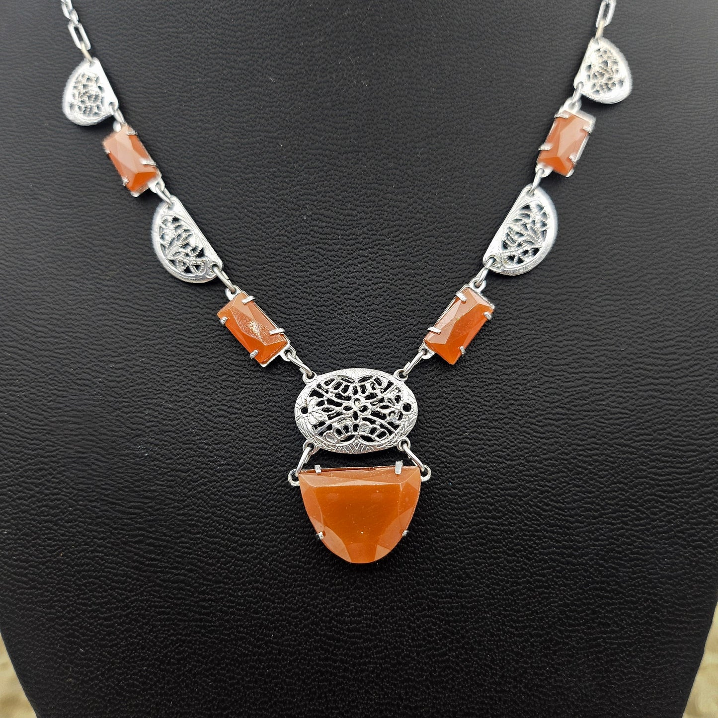Art Deco-Style Carnelian Glass Filigree Necklace | Vintage Pendant Jewelry