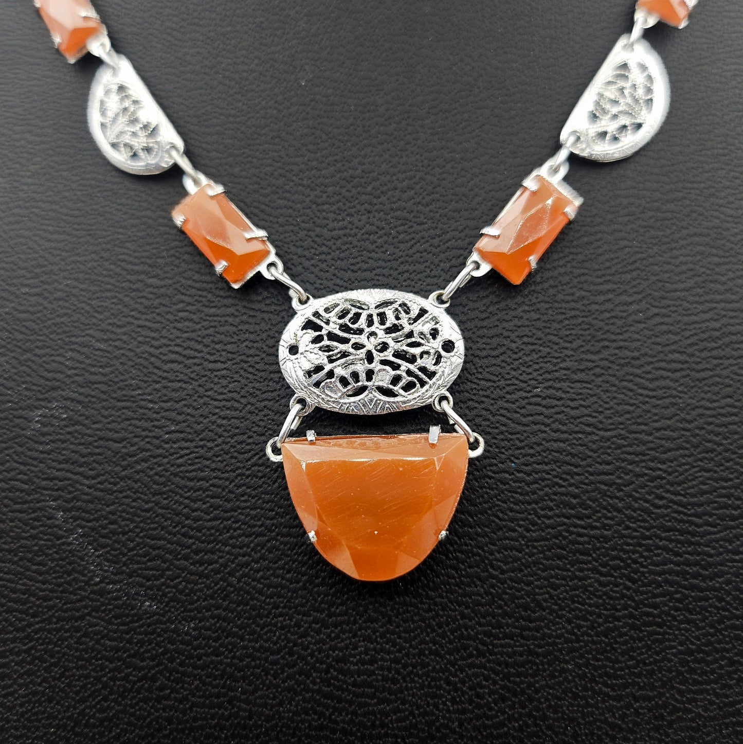 Art Deco-Style Carnelian Glass Filigree Necklace | Vintage Pendant Jewelry