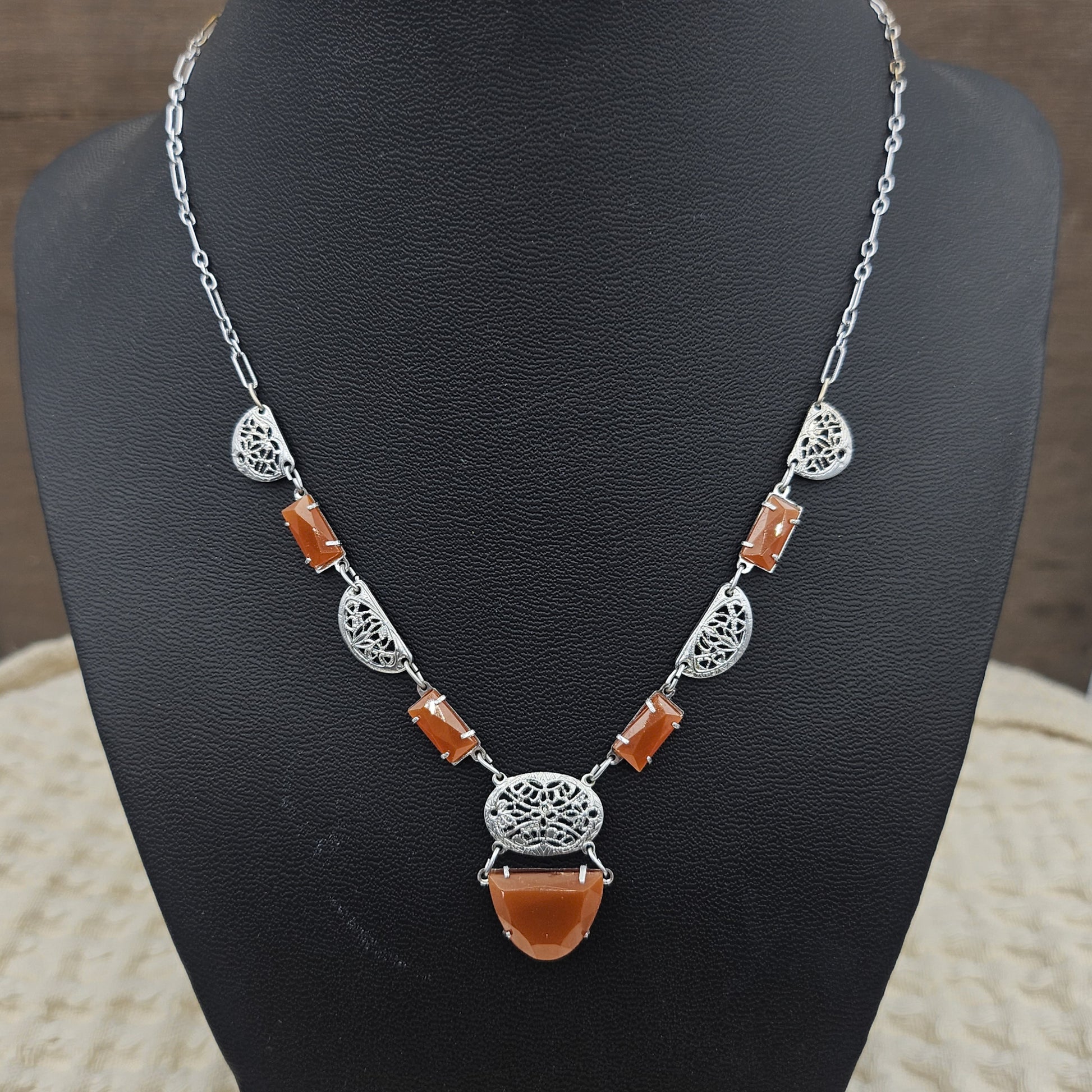 Art Deco-Style Carnelian Glass Filigree Necklace | Vintage Pendant Jewelry