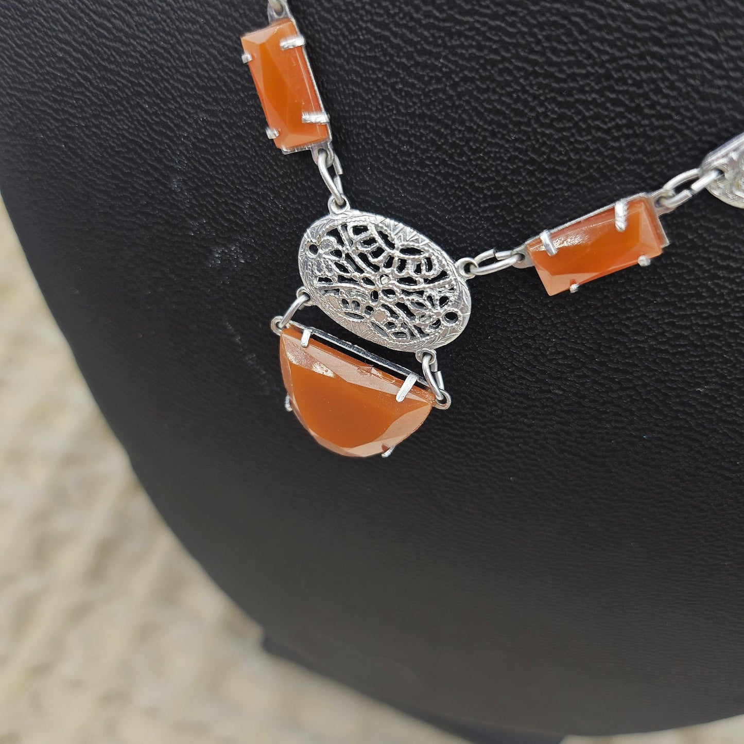 Art Deco-Style Carnelian Glass Filigree Necklace | Vintage Pendant Jewelry