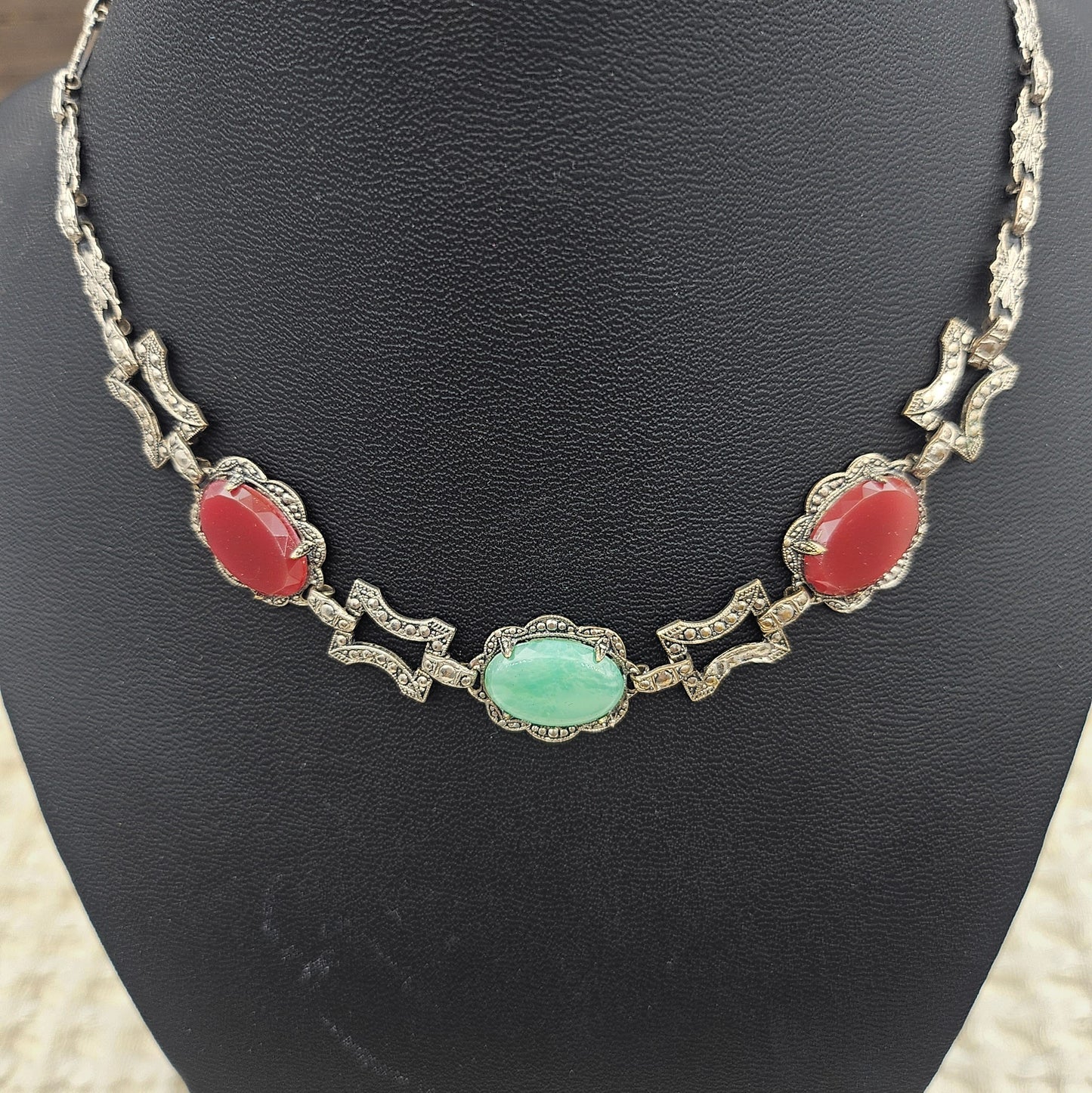 Peking Glass & Carnelian-Color Glass Marcasite Necklace | Vintage Statement Jewelry