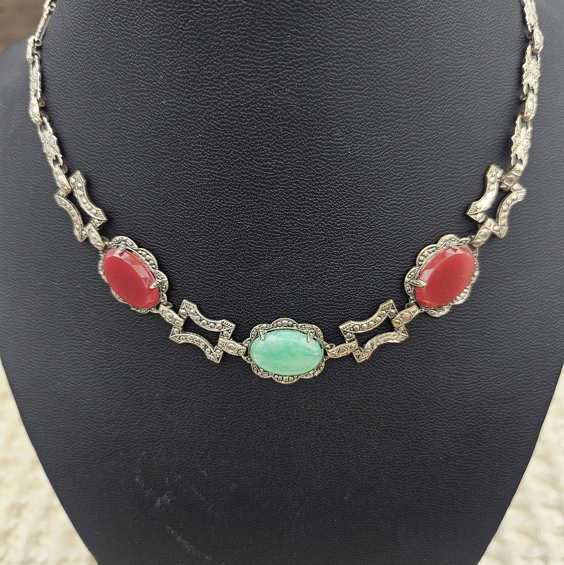 Peking Glass & Carnelian-Color Glass Marcasite Necklace | Vintage Statement Jewelry