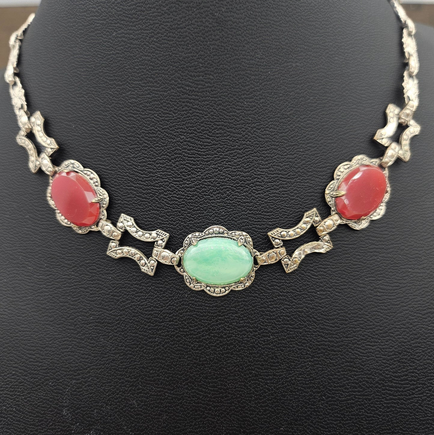 Art Deco Peking Glass & Carnelian Glass Necklace | Marcasite-Style Detail
