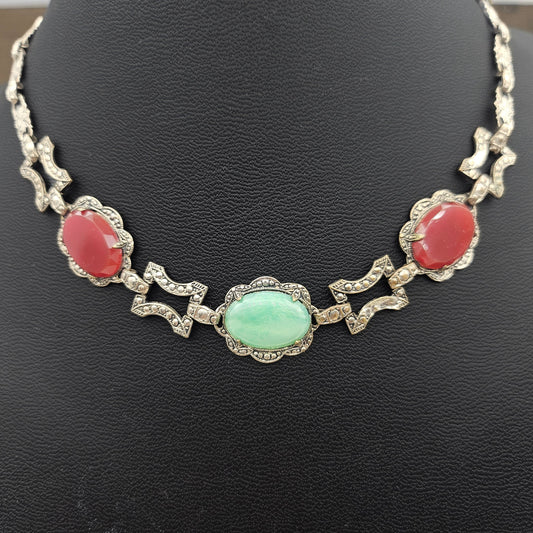 Art Deco Peking Glass & Carnelian Glass Necklace | Marcasite-Style Detail