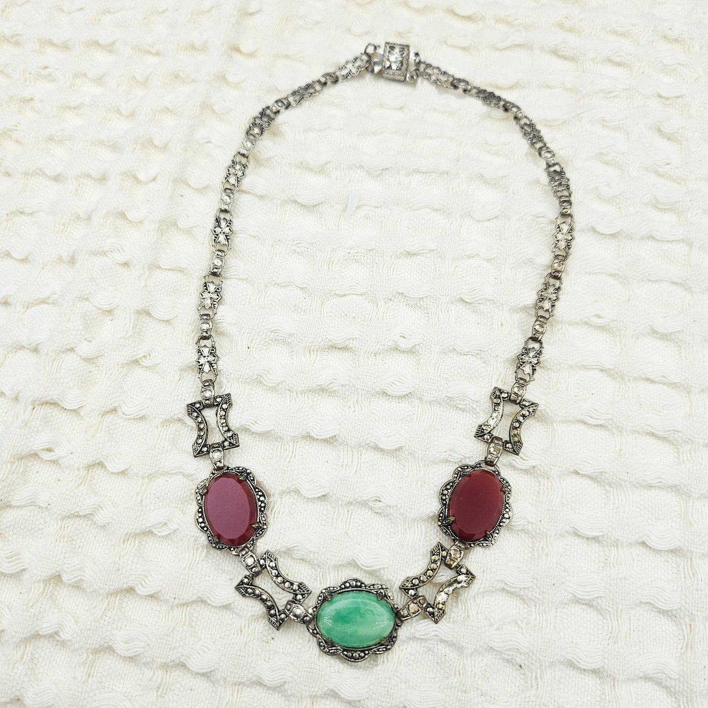 Peking Glass & Carnelian-Color Glass Marcasite Necklace | Vintage Statement Jewelry