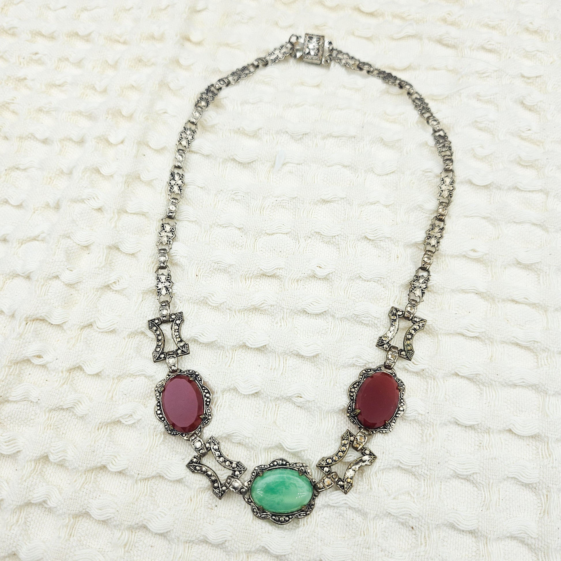 Peking Glass & Carnelian-Color Glass Marcasite Necklace | Vintage Statement Jewelry