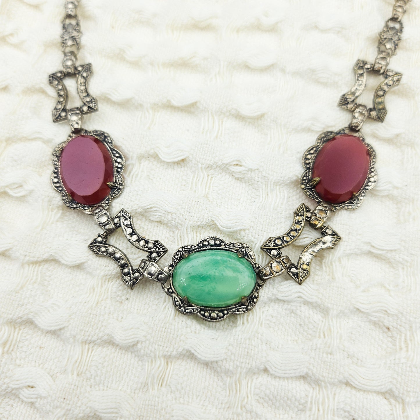 Peking Glass & Carnelian-Color Glass Marcasite Necklace | Vintage Statement Jewelry