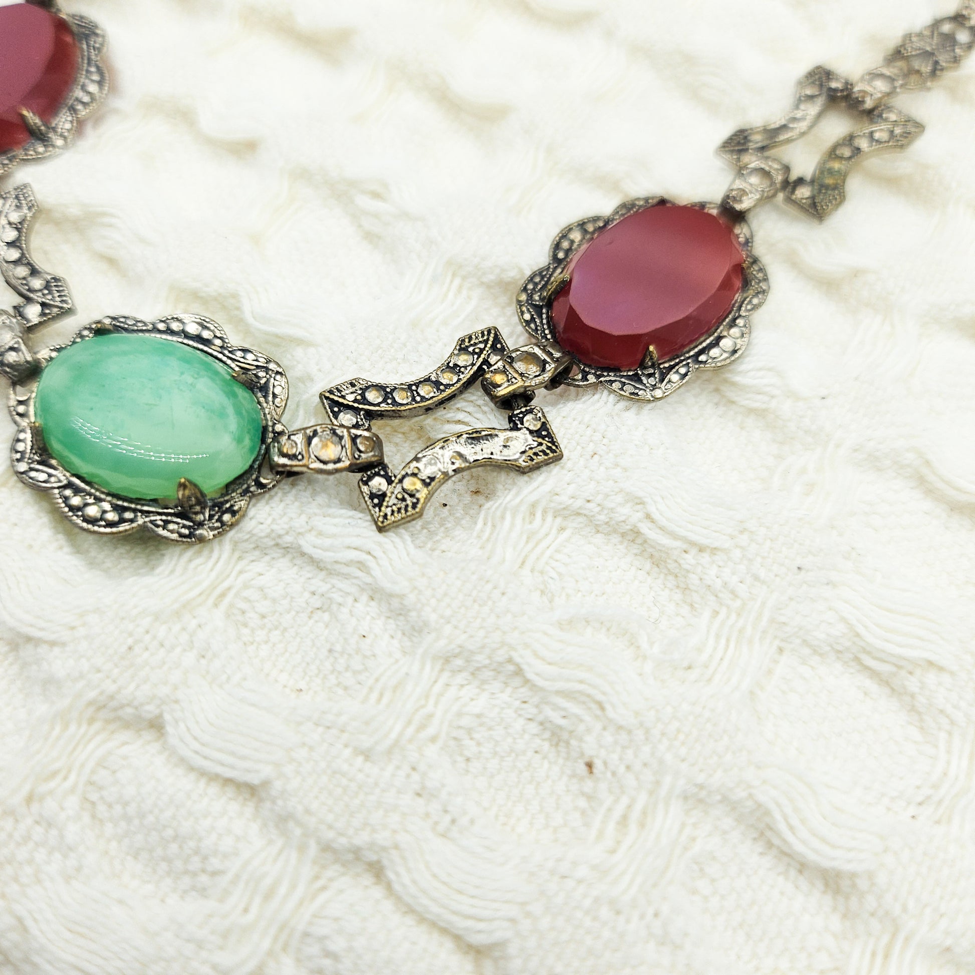 Peking Glass & Carnelian-Color Glass Marcasite Necklace | Vintage Statement Jewelry