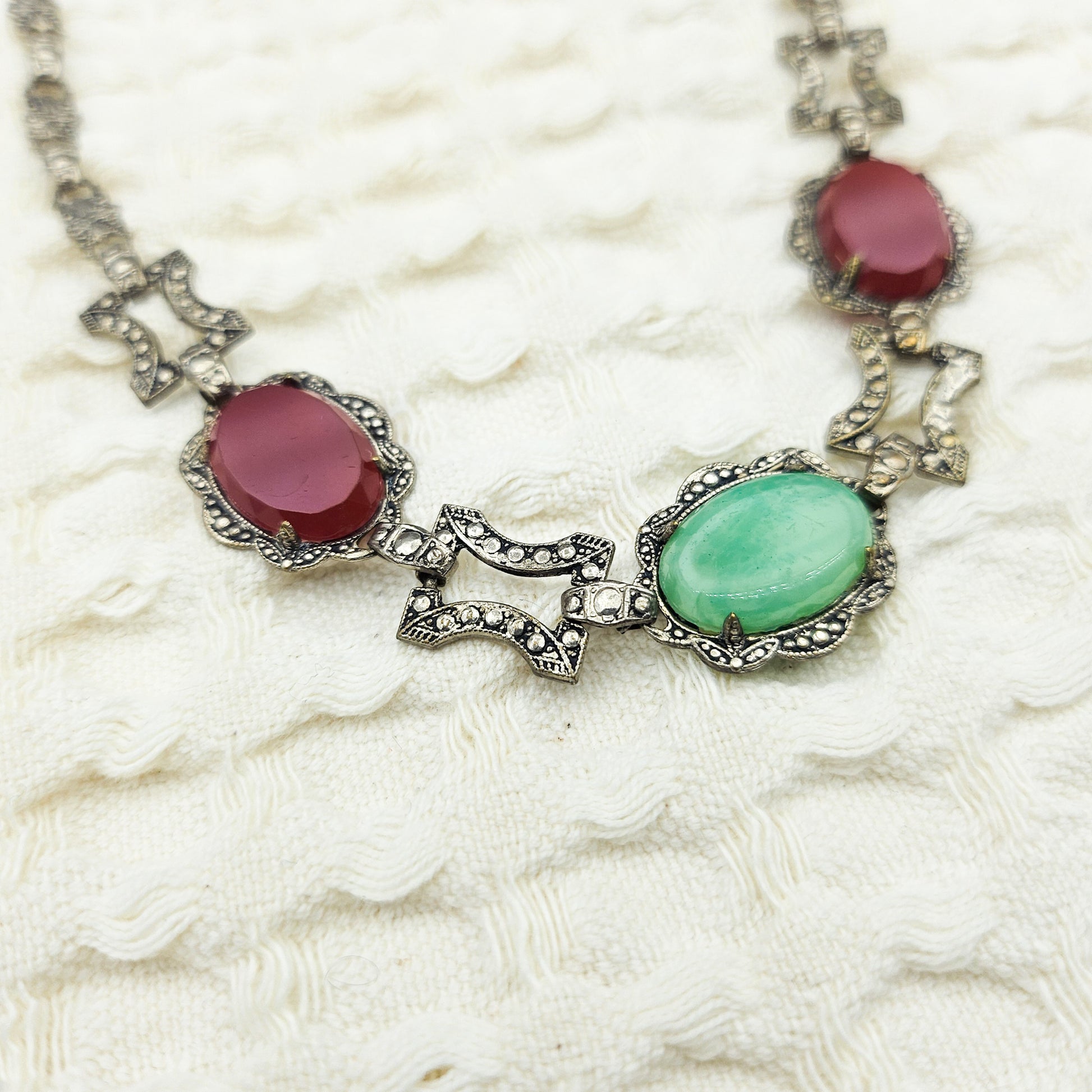 Peking Glass & Carnelian-Color Glass Marcasite Necklace | Vintage Statement Jewelry