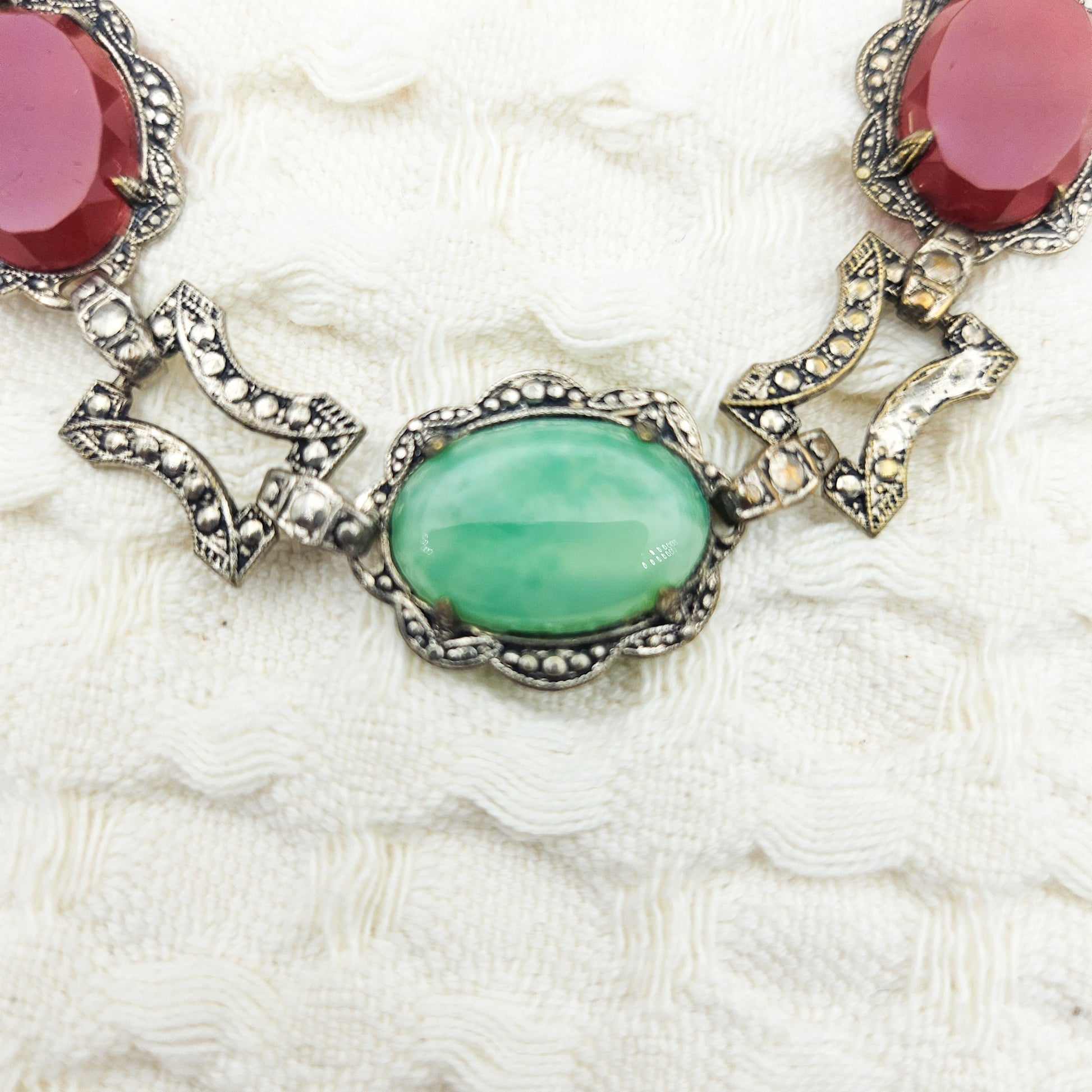 Peking Glass & Carnelian-Color Glass Marcasite Necklace | Vintage Statement Jewelry