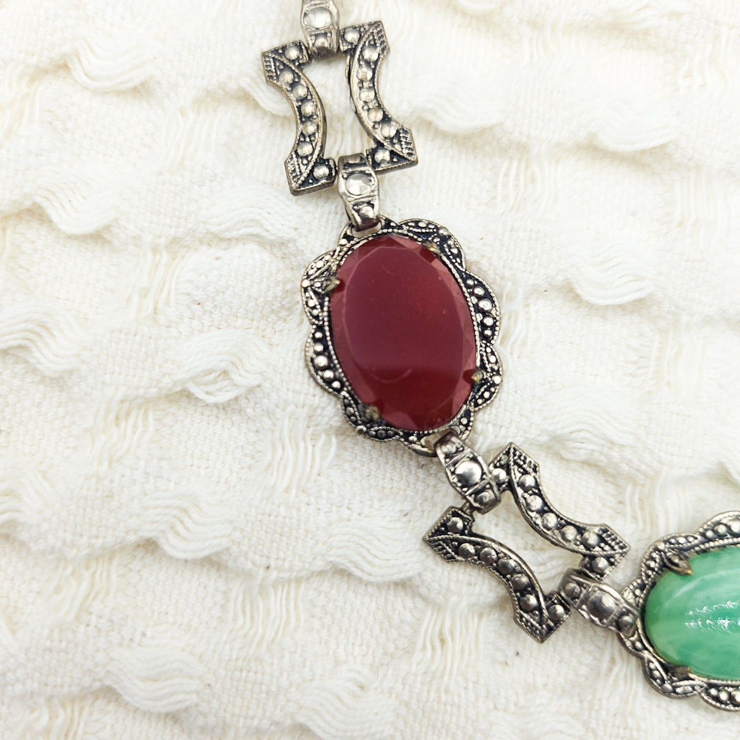 Peking Glass & Carnelian-Color Glass Marcasite Necklace | Vintage Statement Jewelry
