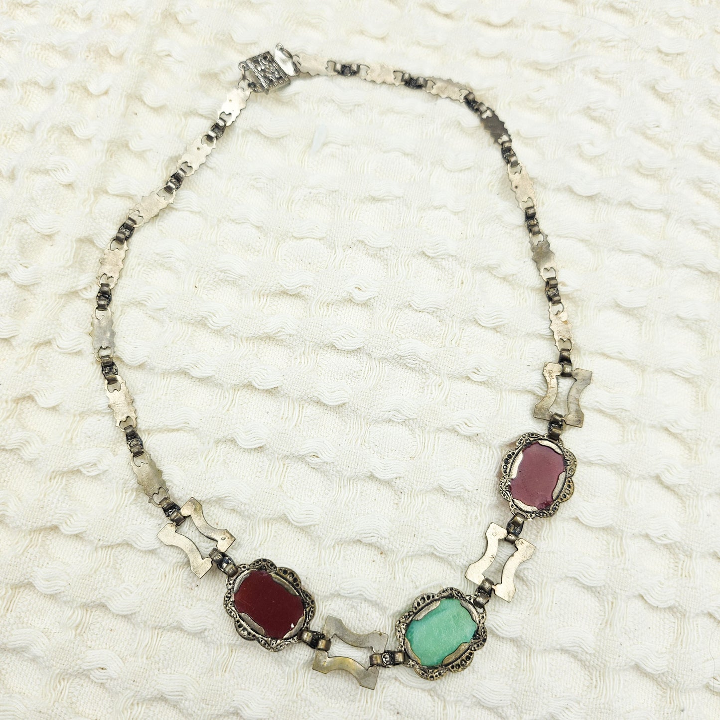 Peking Glass & Carnelian-Color Glass Marcasite Necklace | Vintage Statement Jewelry