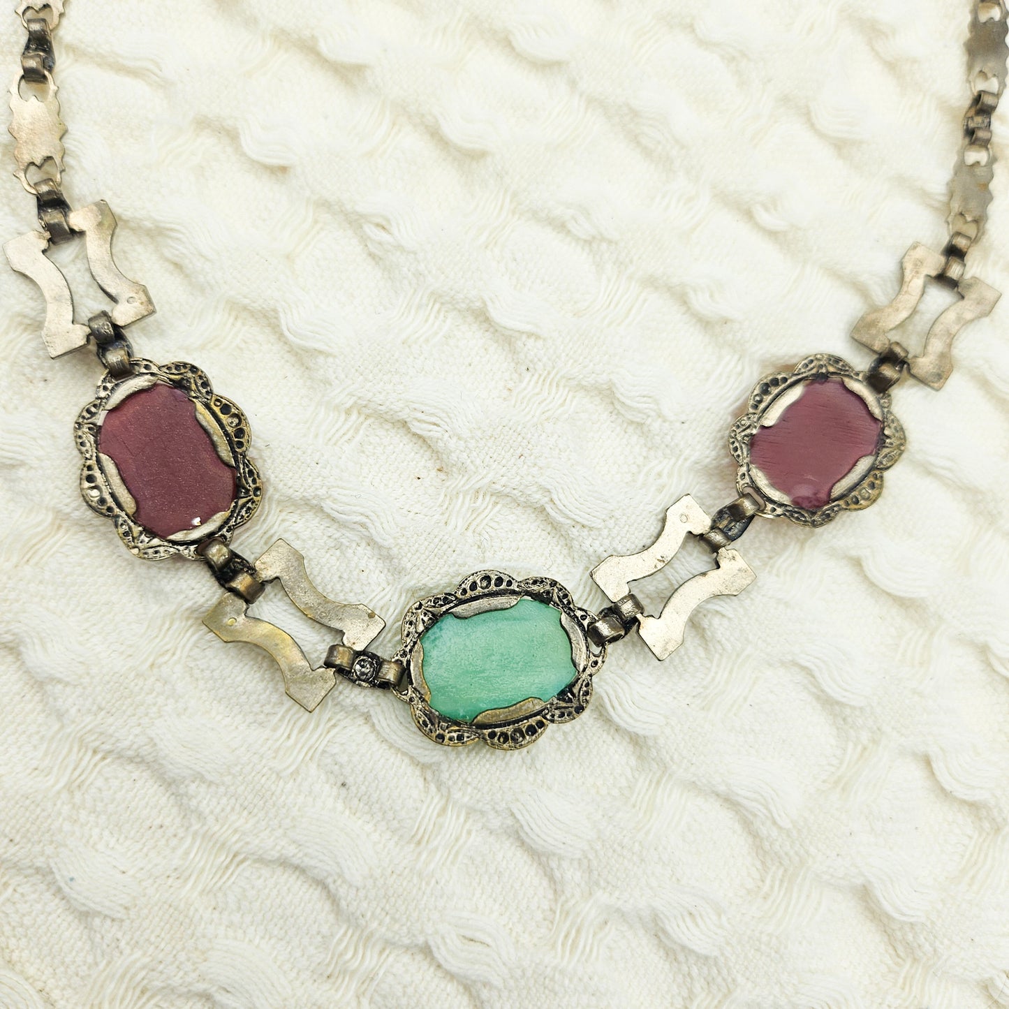 Peking Glass & Carnelian-Color Glass Marcasite Necklace | Vintage Statement Jewelry