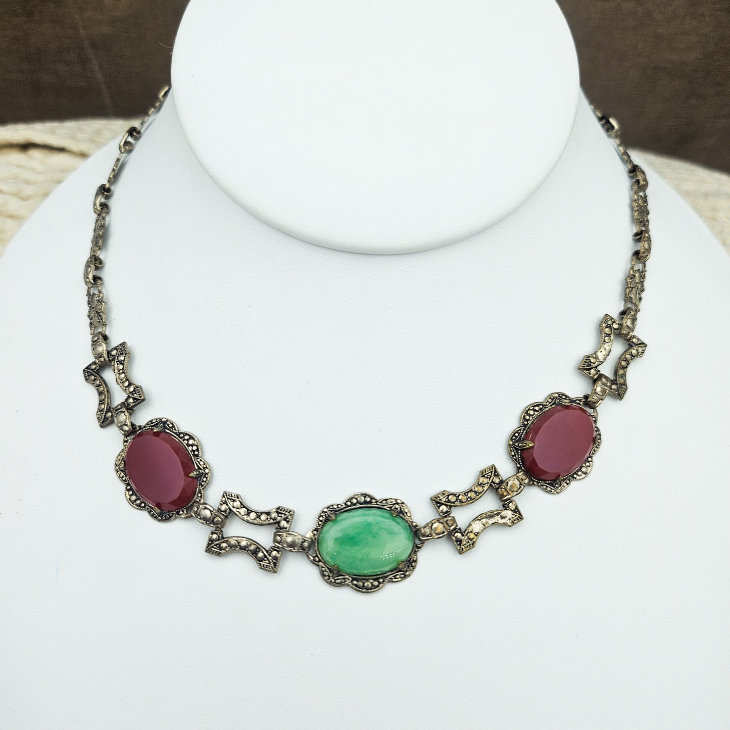 Peking Glass & Carnelian-Color Glass Marcasite Necklace | Vintage Statement Jewelry