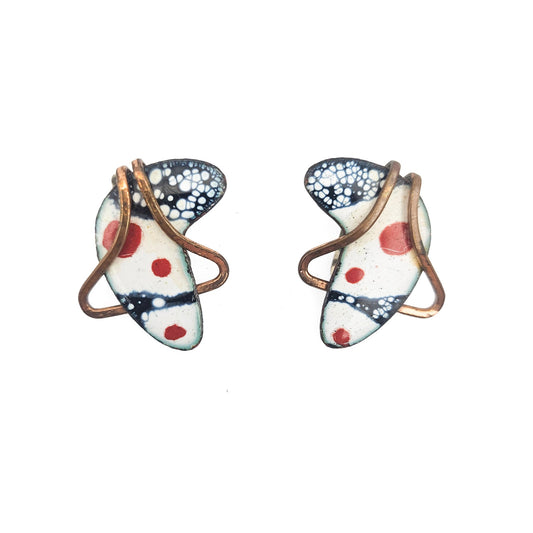 Matisse Signed White & Navy Enamel Boomerang Earrings - Mid-Century Modern / Enamel on Copper vintage jewelry
