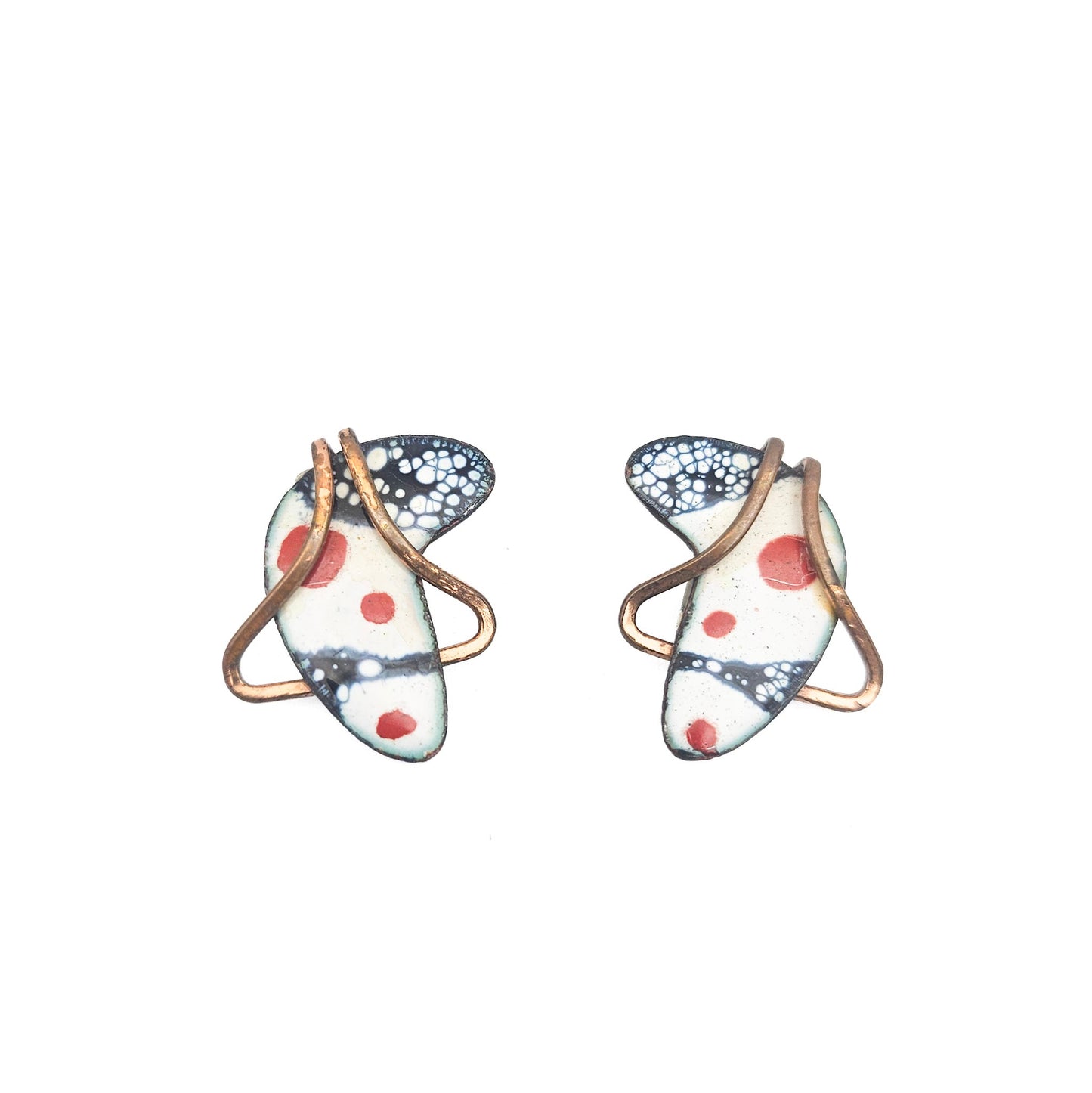 Matisse Signed White & Navy Enamel Boomerang Earrings - earrings detail