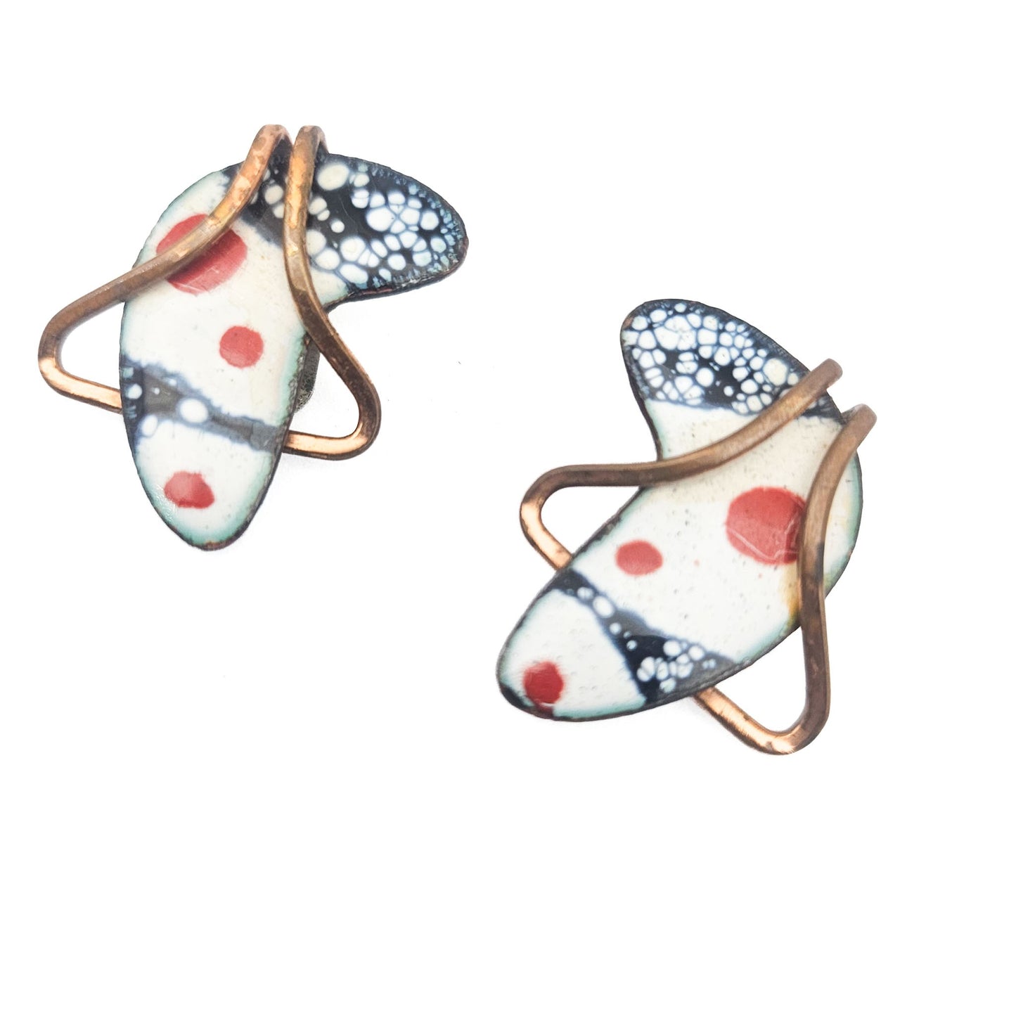 Matisse Signed White & Navy Enamel Boomerang Earrings - earrings detail