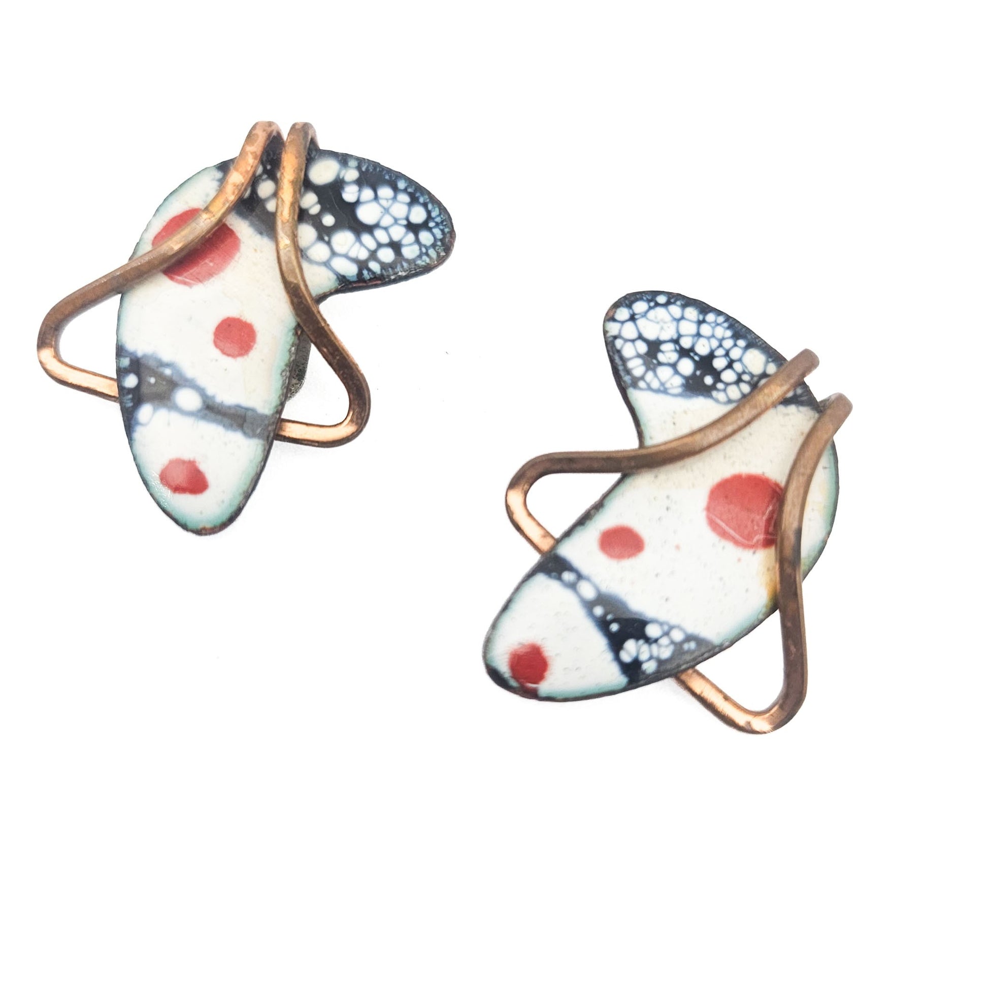 Matisse Signed White & Navy Enamel Boomerang Earrings - earrings detail