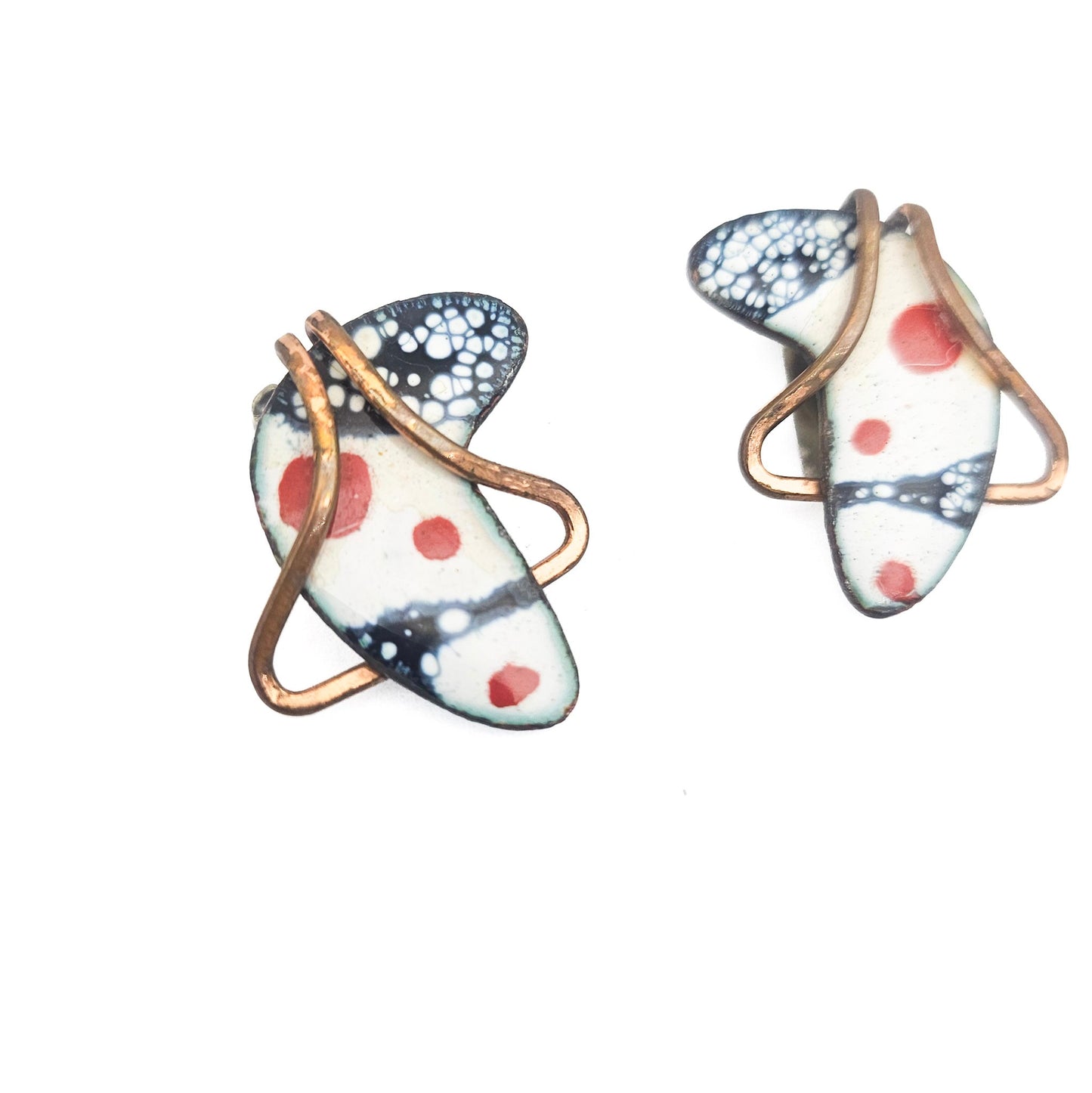 Matisse Signed White & Navy Enamel Boomerang Earrings - earrings detail