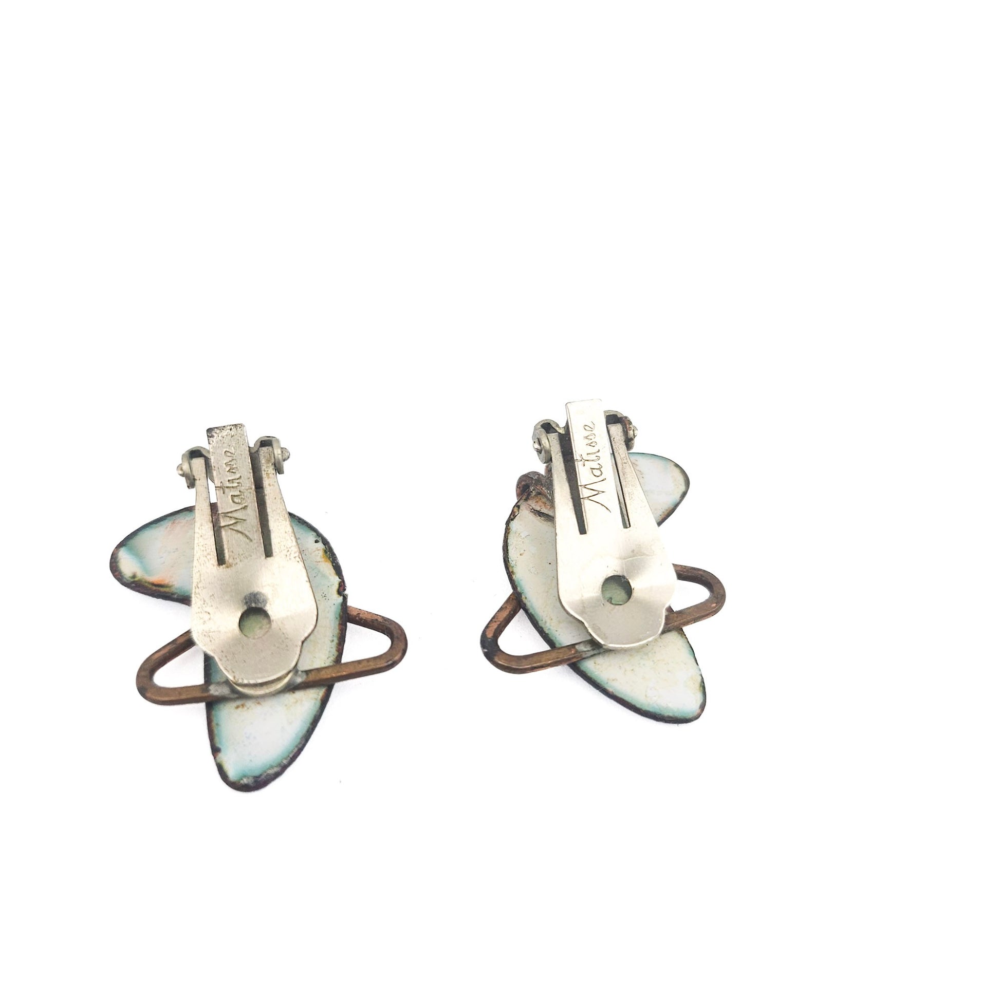 Matisse Signed White & Navy Enamel Boomerang Earrings - earrings detail