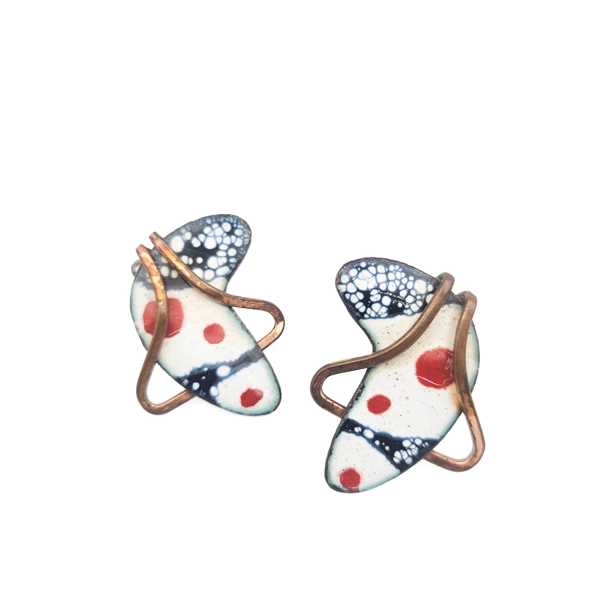 Matisse Signed White & Navy Enamel Boomerang Earrings - earrings detail