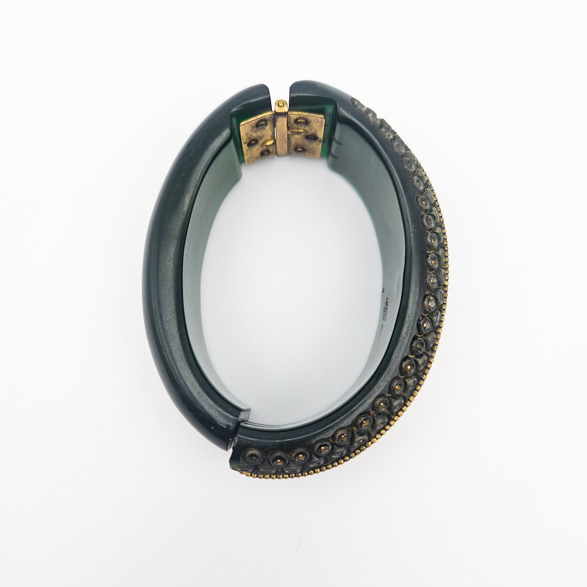 Green & Gold Bakelite Clamper Bangle - bangle bracelet detail
