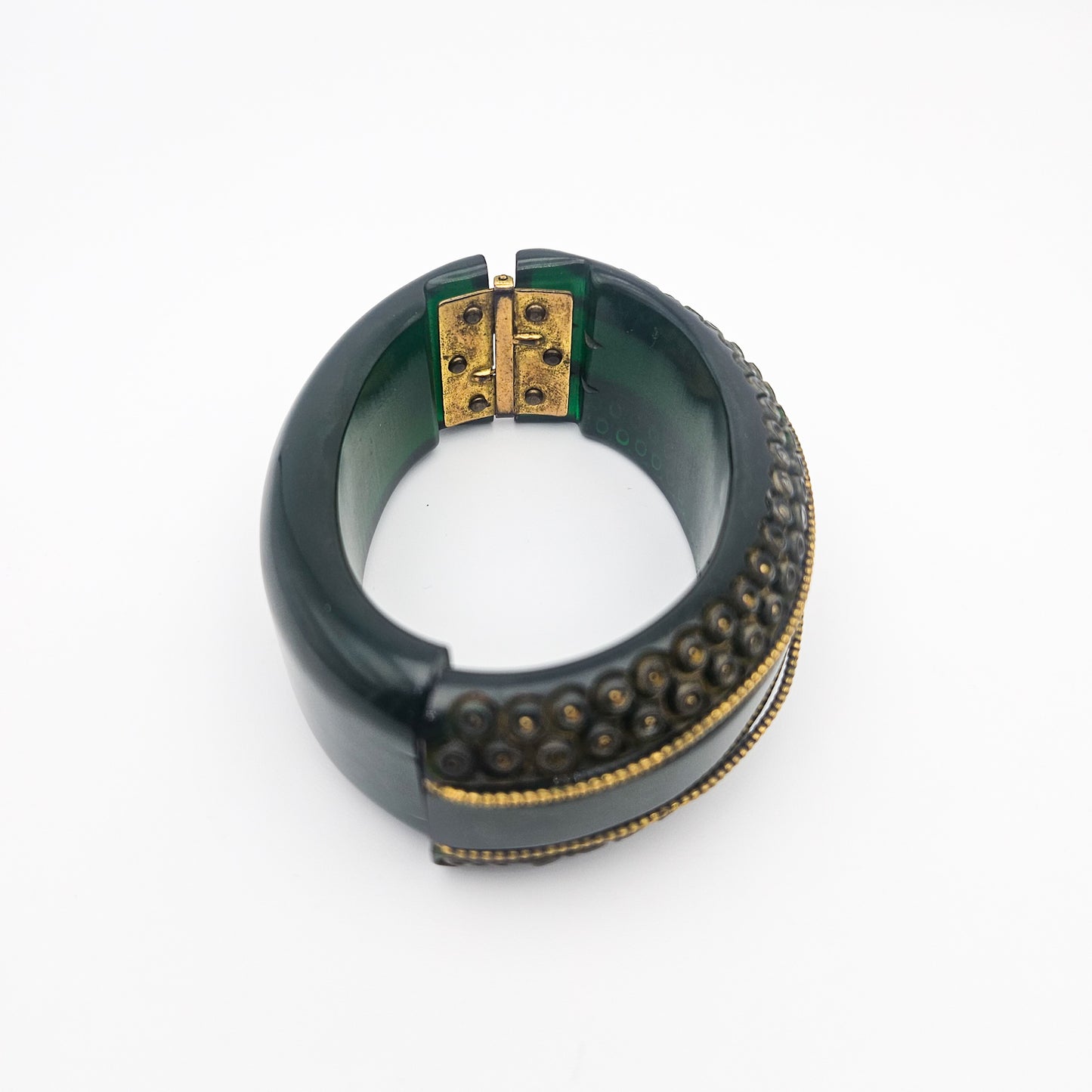Green & Gold Bakelite Clamper Bangle - bangle bracelet detail