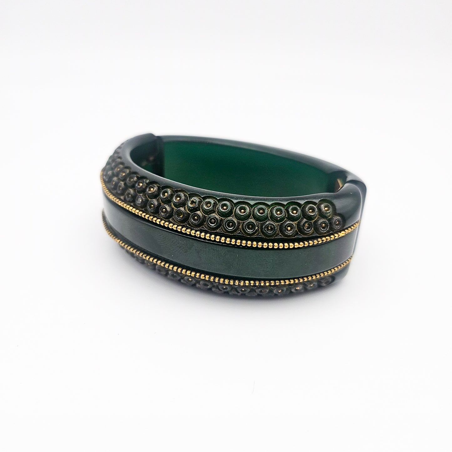 Green & Gold Bakelite Clamper Bangle - bangle bracelet detail