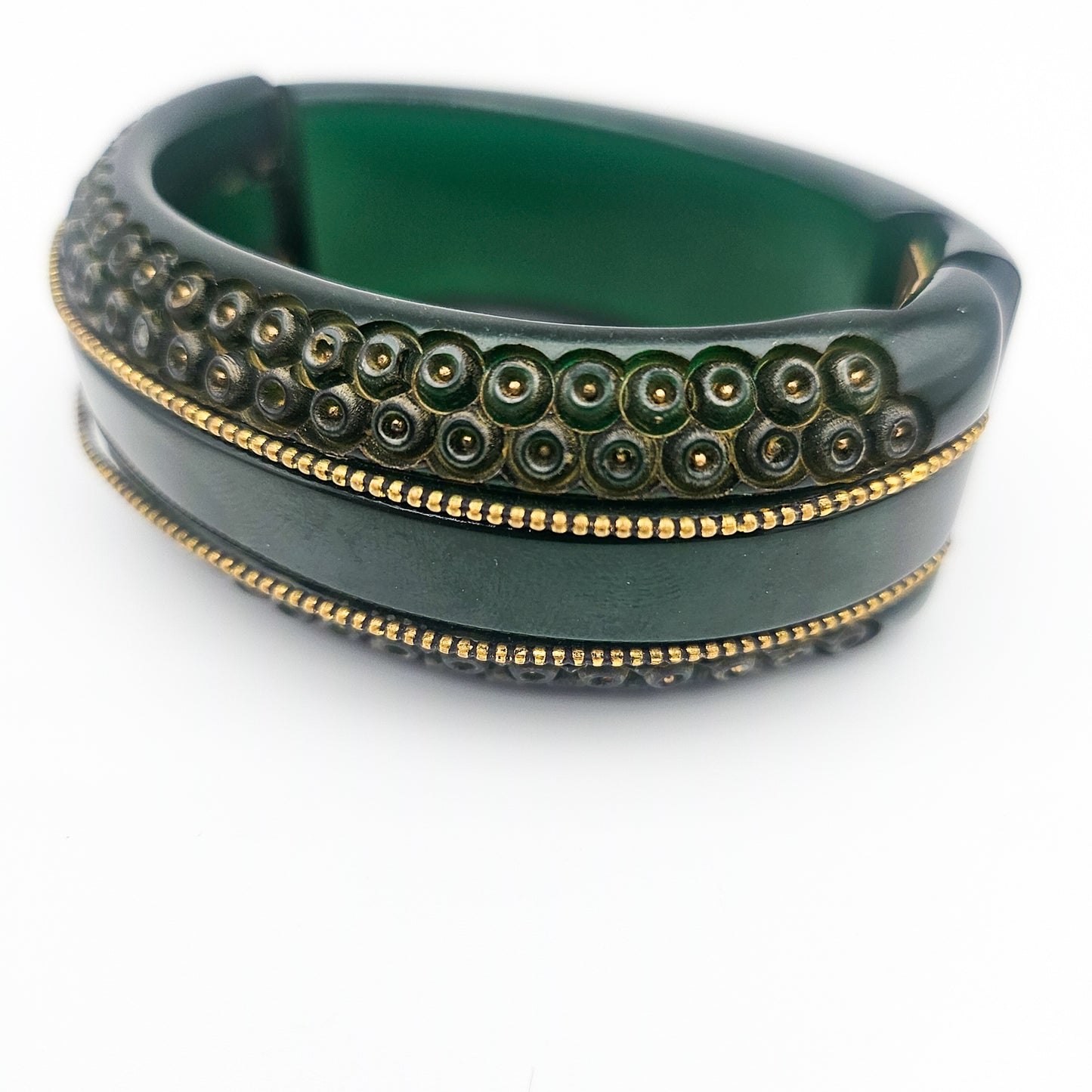 Green & Gold Bakelite Clamper Bangle - bangle bracelet detail